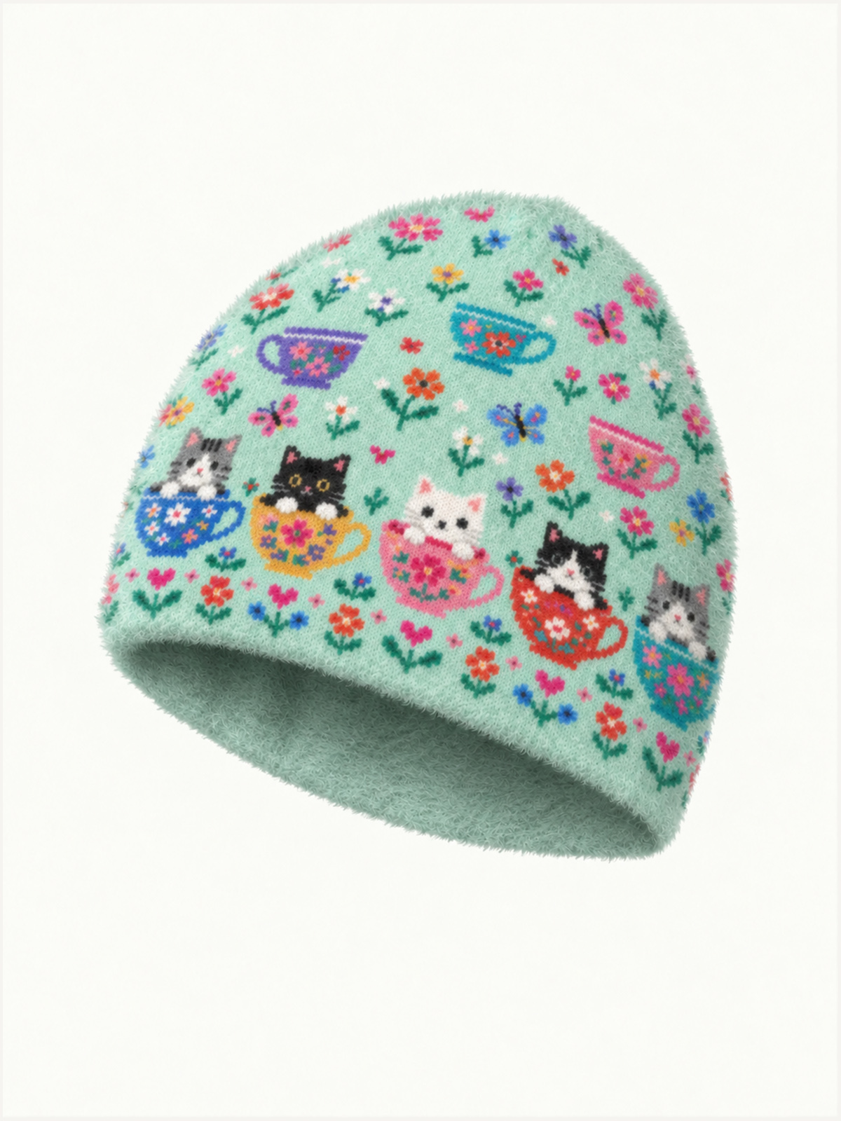 Cute Teacup Kitten Cozy Fuzzy Beanie