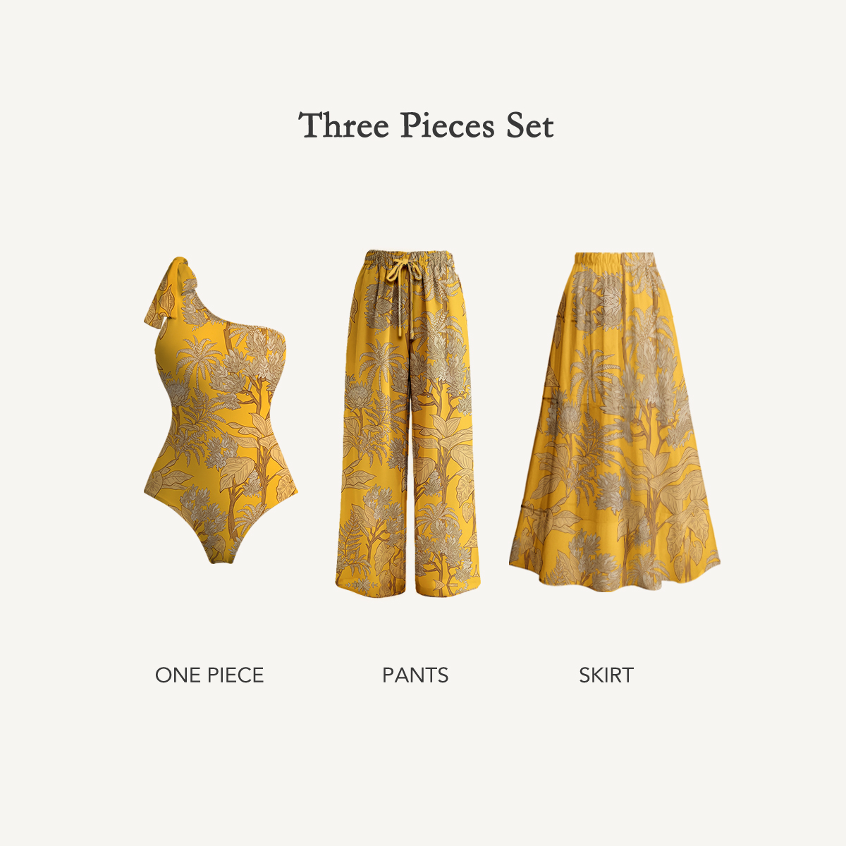 Golden Palm One Shoulder One Piece Swimsuit and Matching Sarong Set for Women