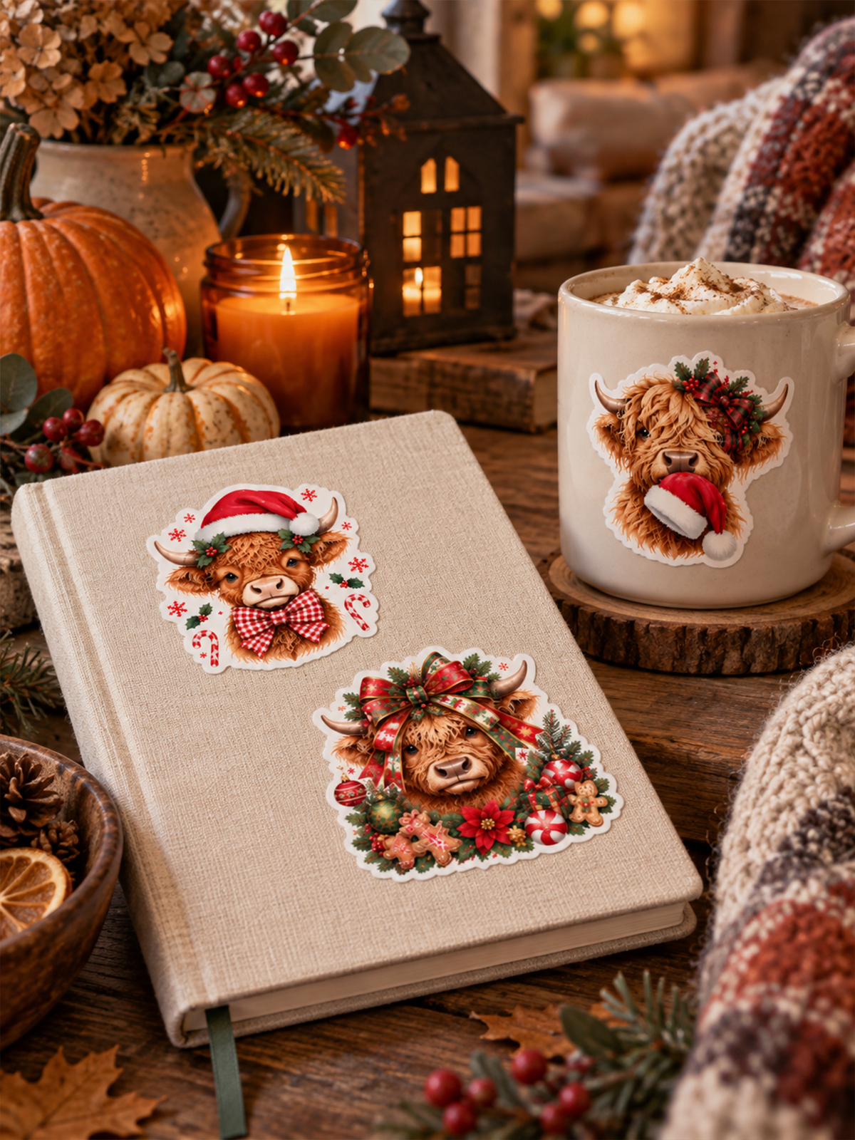 Festive Highland Cow Christmas Stickers