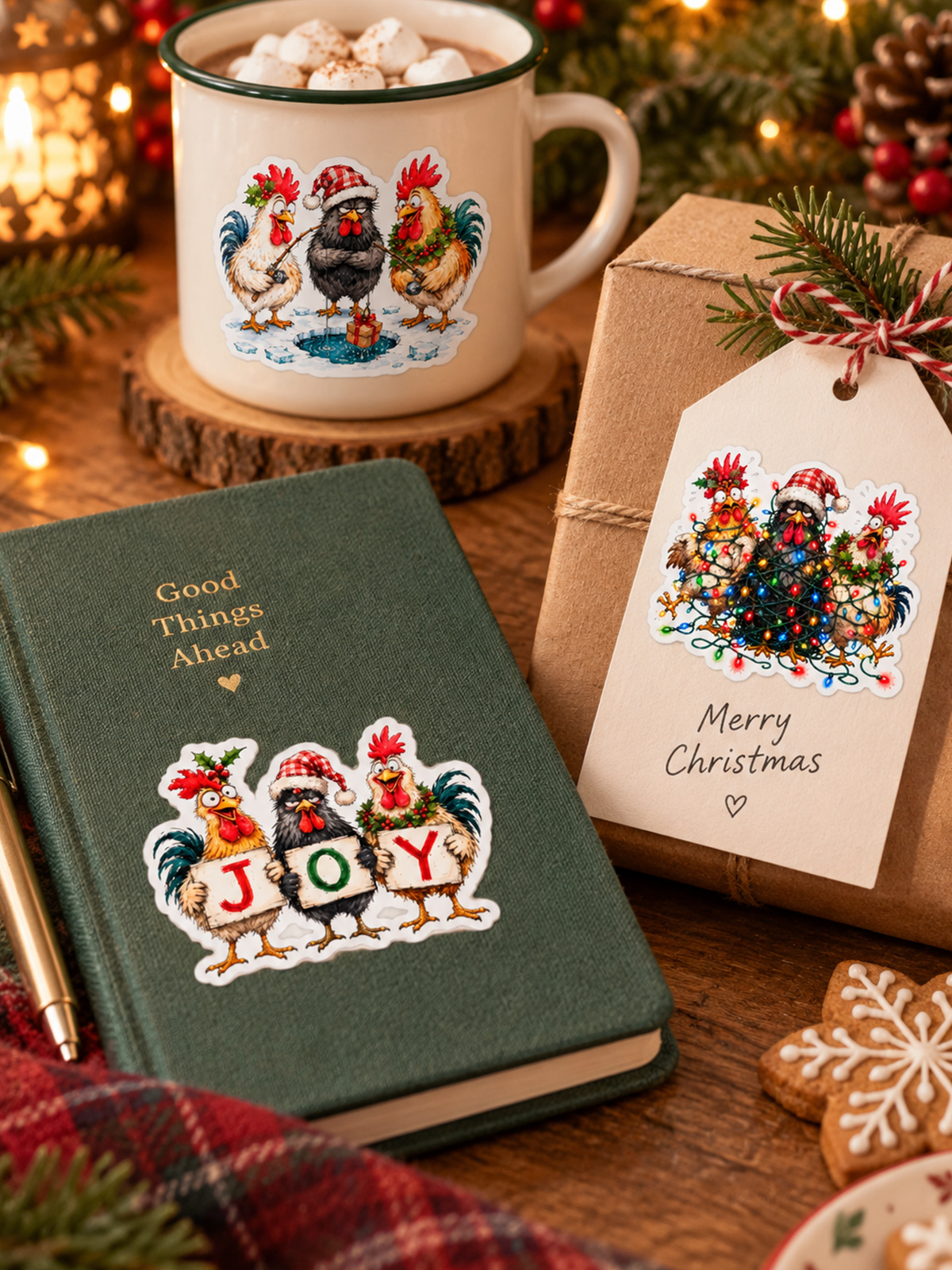 Festive Christmas Chickens Stickers