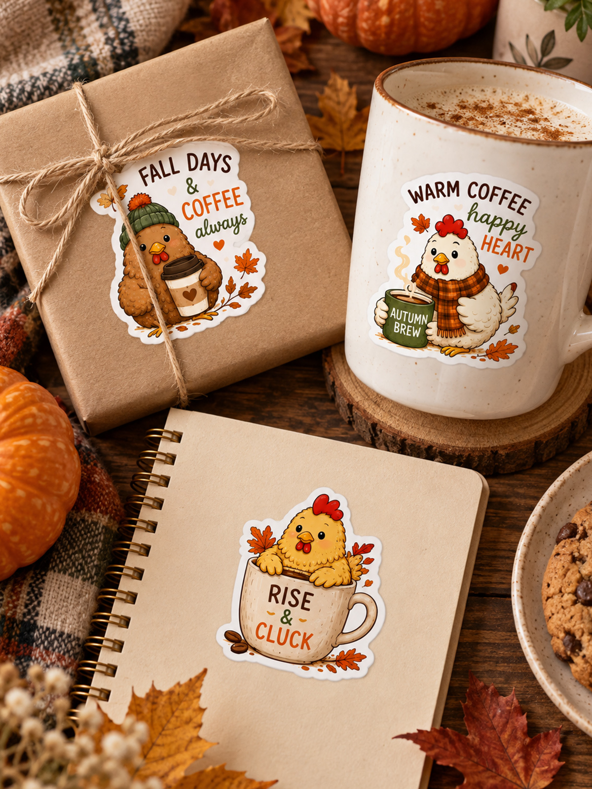 Cozy Fall Coffee Chickens Stickers