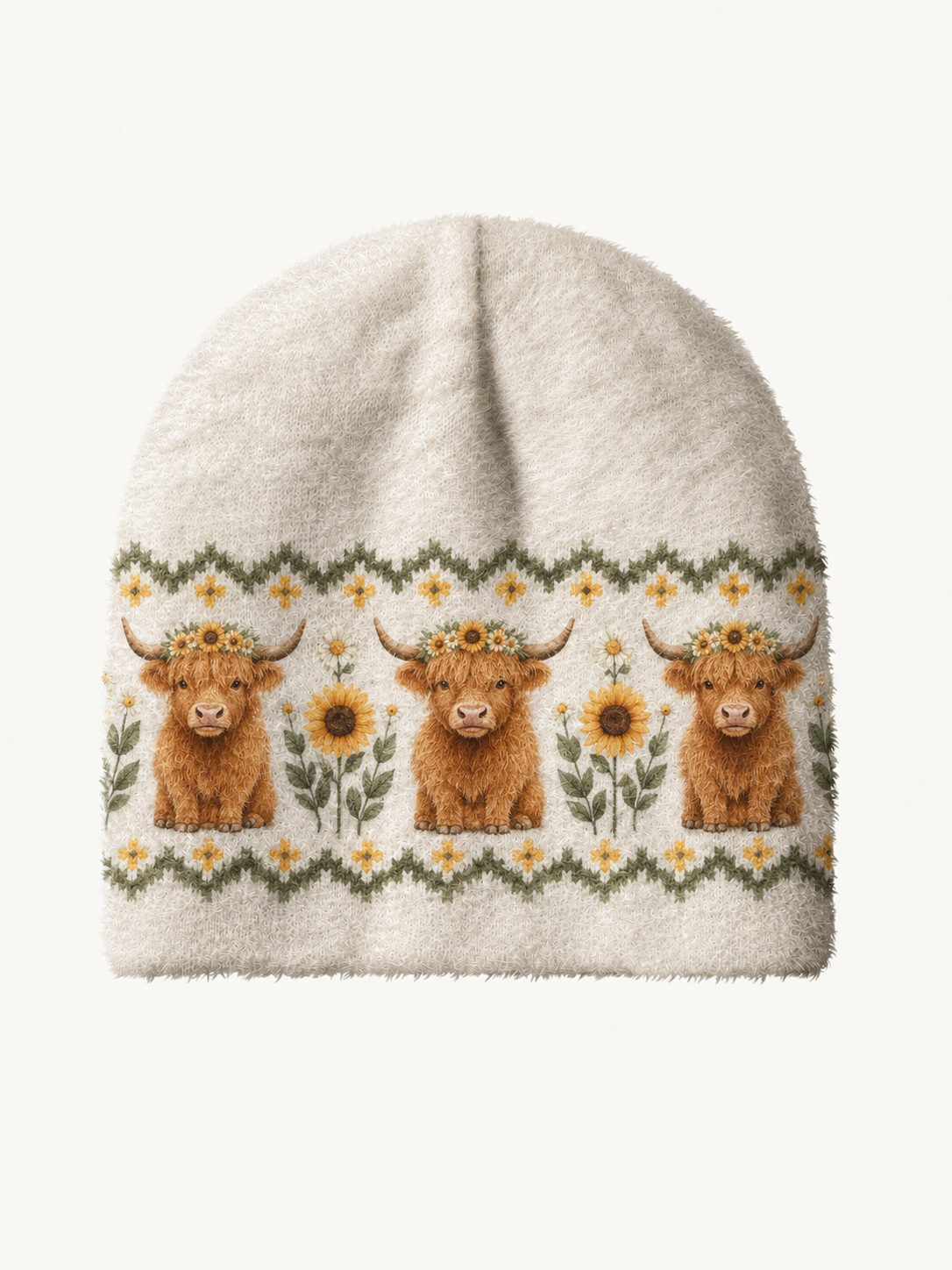 Spring Highland Cow Floral Cozy Fuzzy Beanie