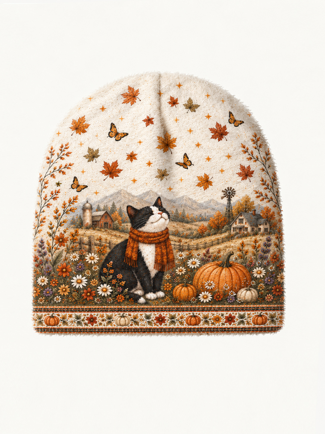 Autumn Pumpkin Field Black Cat Cozy Fuzzy Beanie