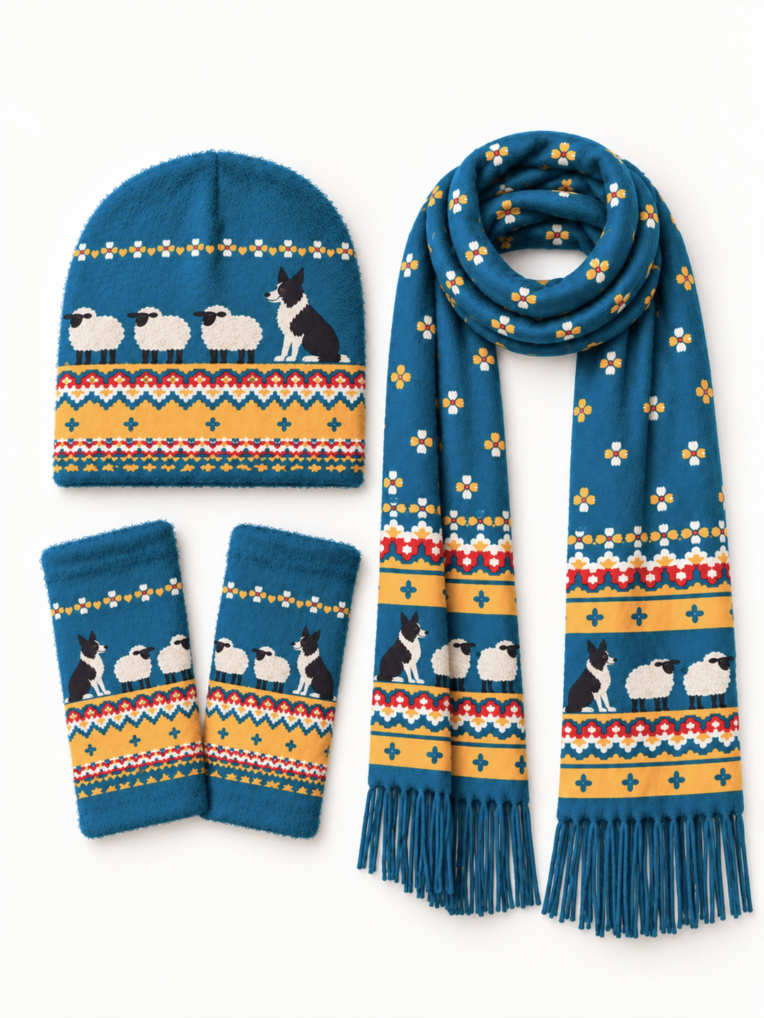 Pastoral Sheep & Sheepdog Beanie Scarf & Fingerless Gloves Set