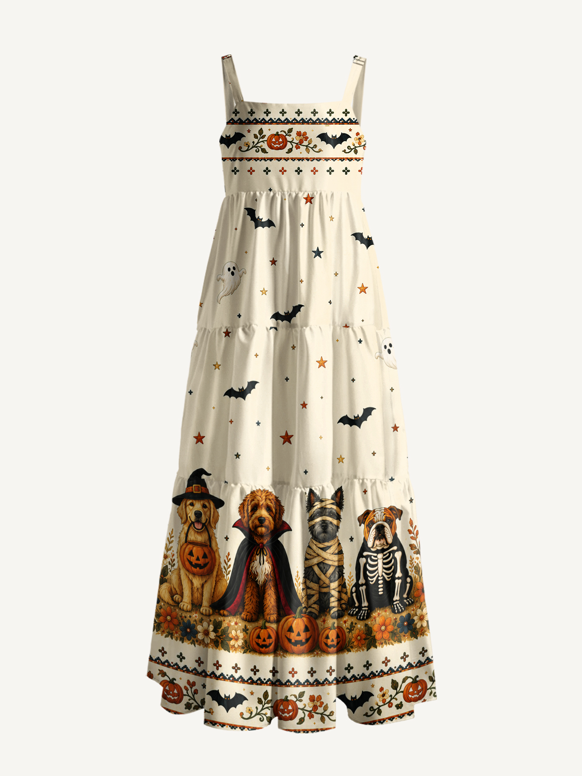 Halloween Costume Pups Print Wide Straps Maxi Dress With Pockets