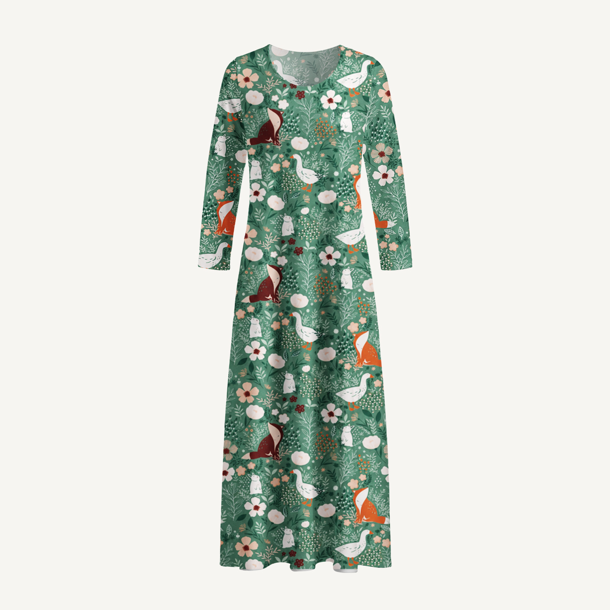 Woodland Fox, Goose & Mouse Floral Print Soft-Touch Stretch Knit Long Sleeve Maxi Dress with Pockets