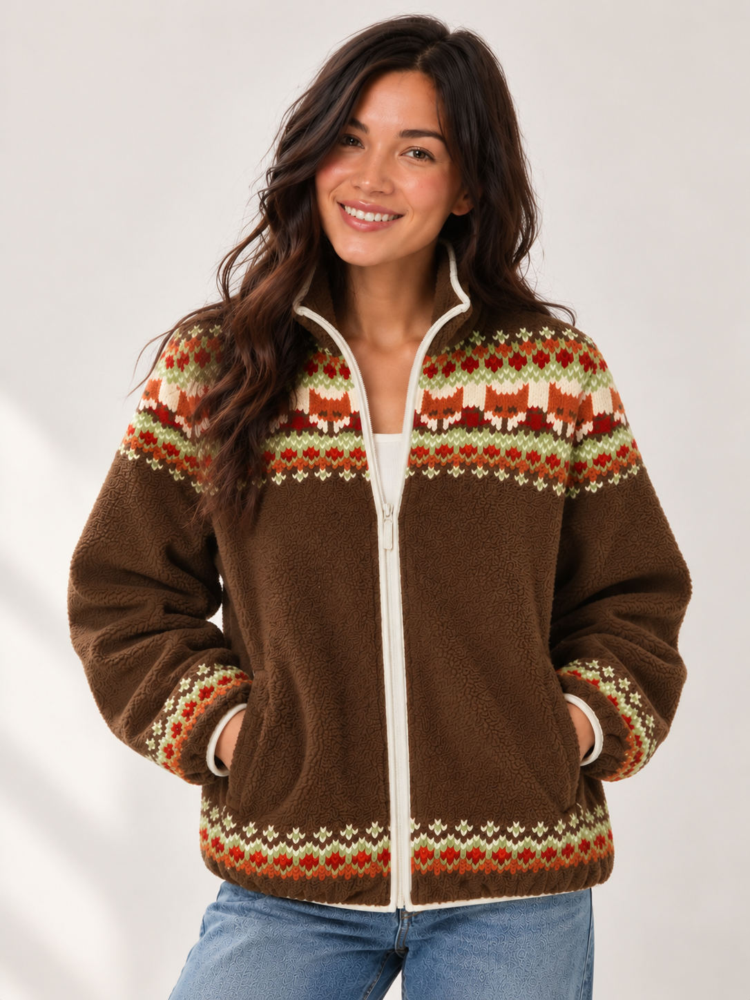 Fox Fair Isle Print Fleece Jacket