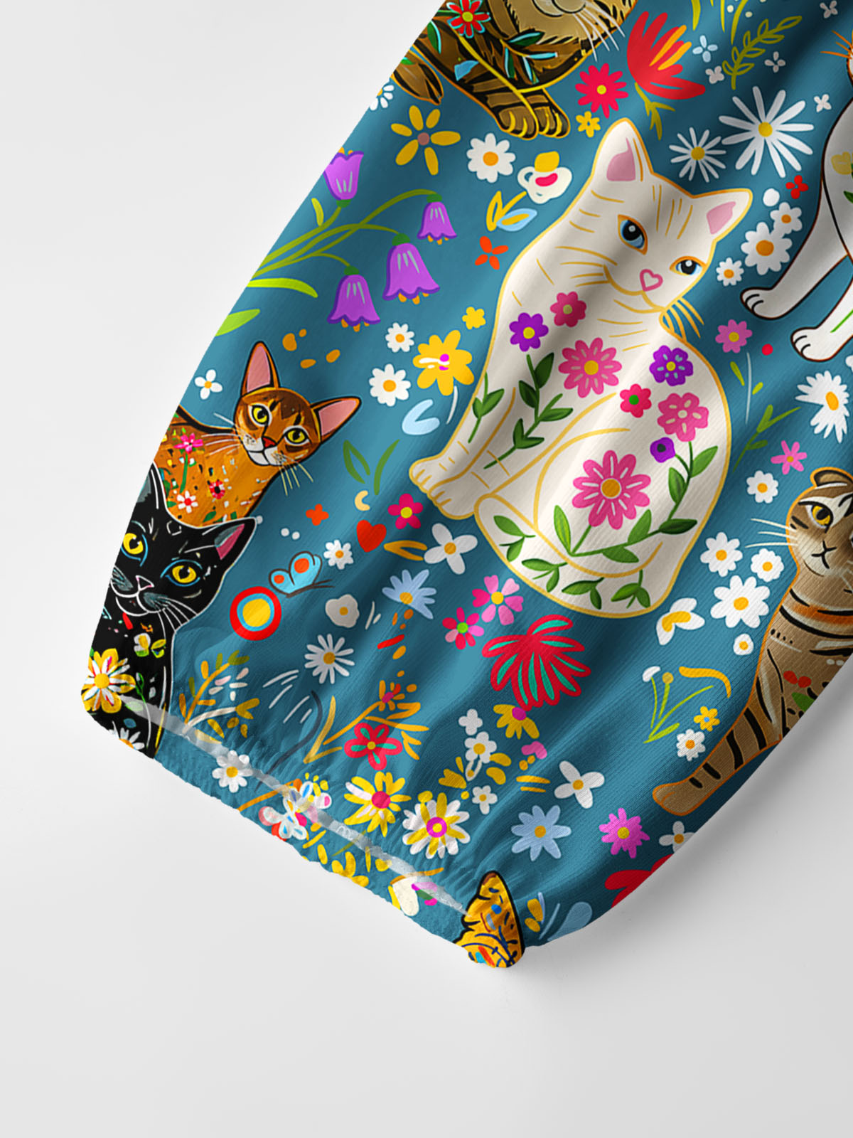 Colorful Garden Cat Pattern Print Boho Long Sleeve Tie‑Neck Smock Shirt