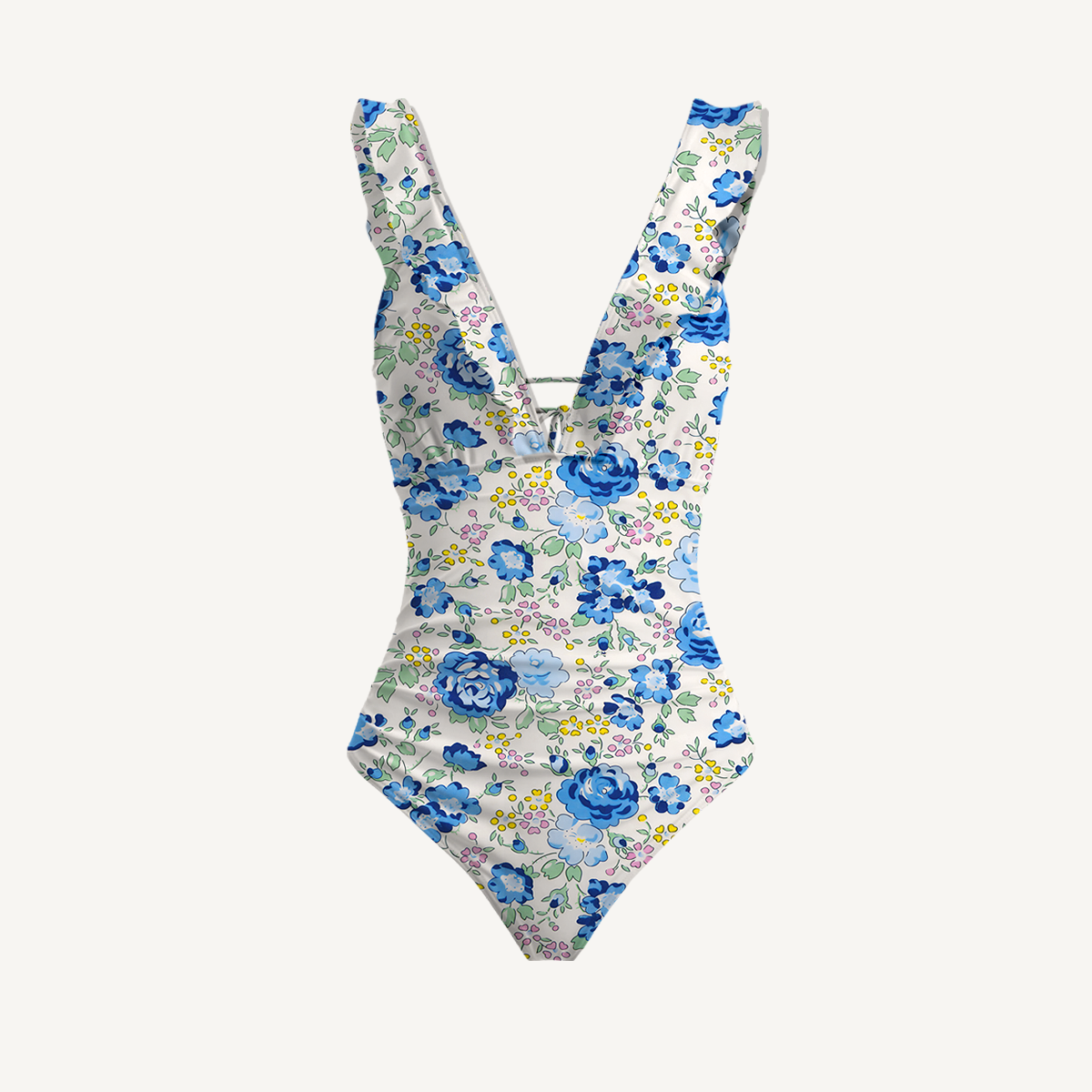 Blue Rose Floral Ruffled V Neck One Piece Swimsuit and Matching Midi Skirt Set