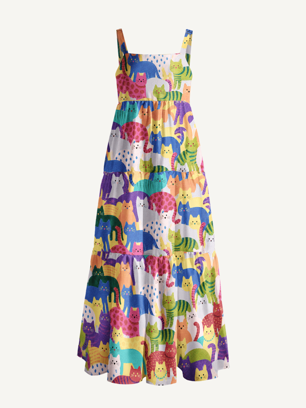 Rainbow Whimsy Cat Print Wide Straps Maxi Dress With Pockets