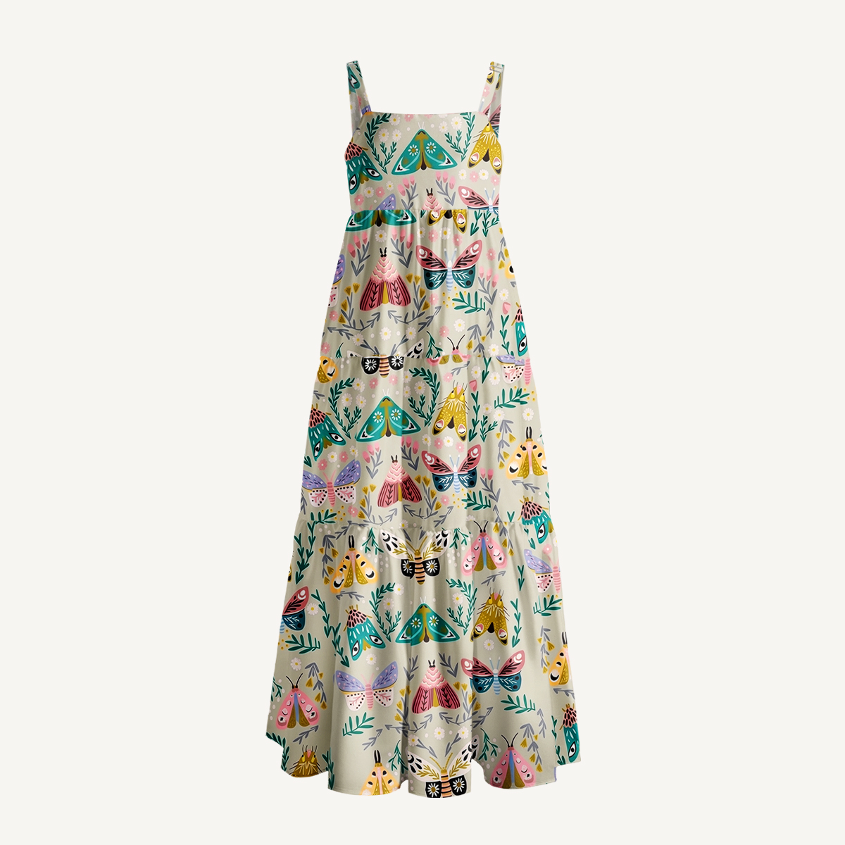 Spring Butterflies Print Wide Straps Maxi Dress With Pockets