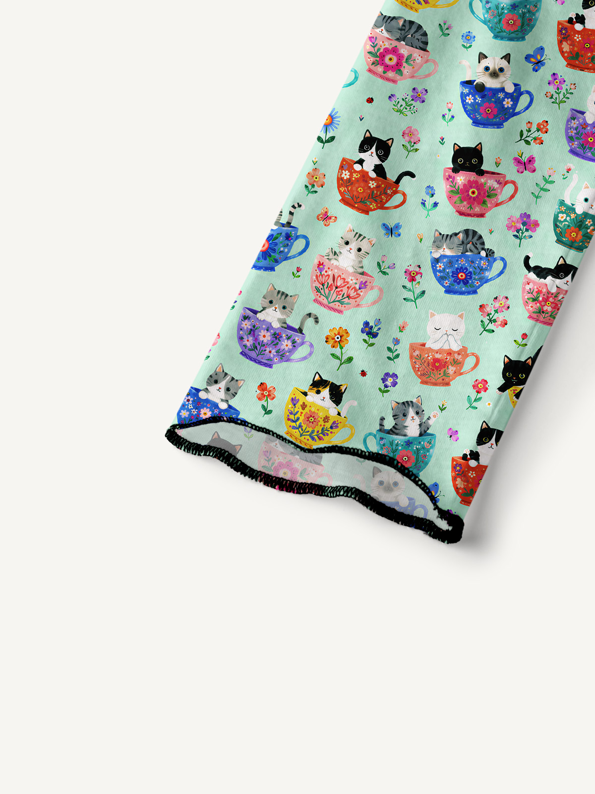 Cute Teacup Kitten All-Over Print Cotton Raglan Long Sleeve Top