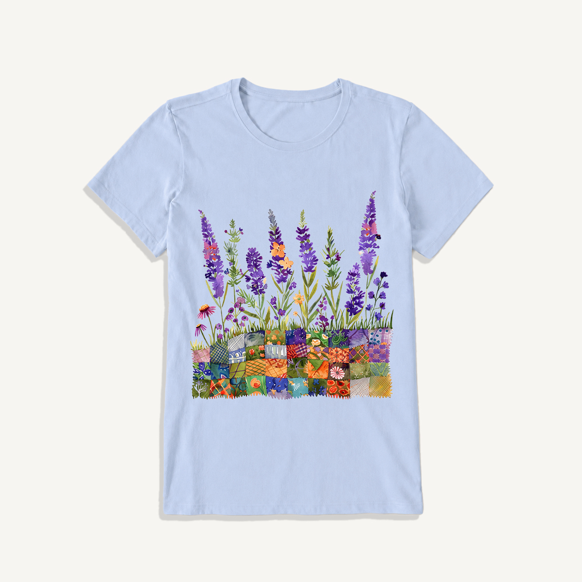Lavender on Patchwork Meadow Print Crew Neck Cotton Tee