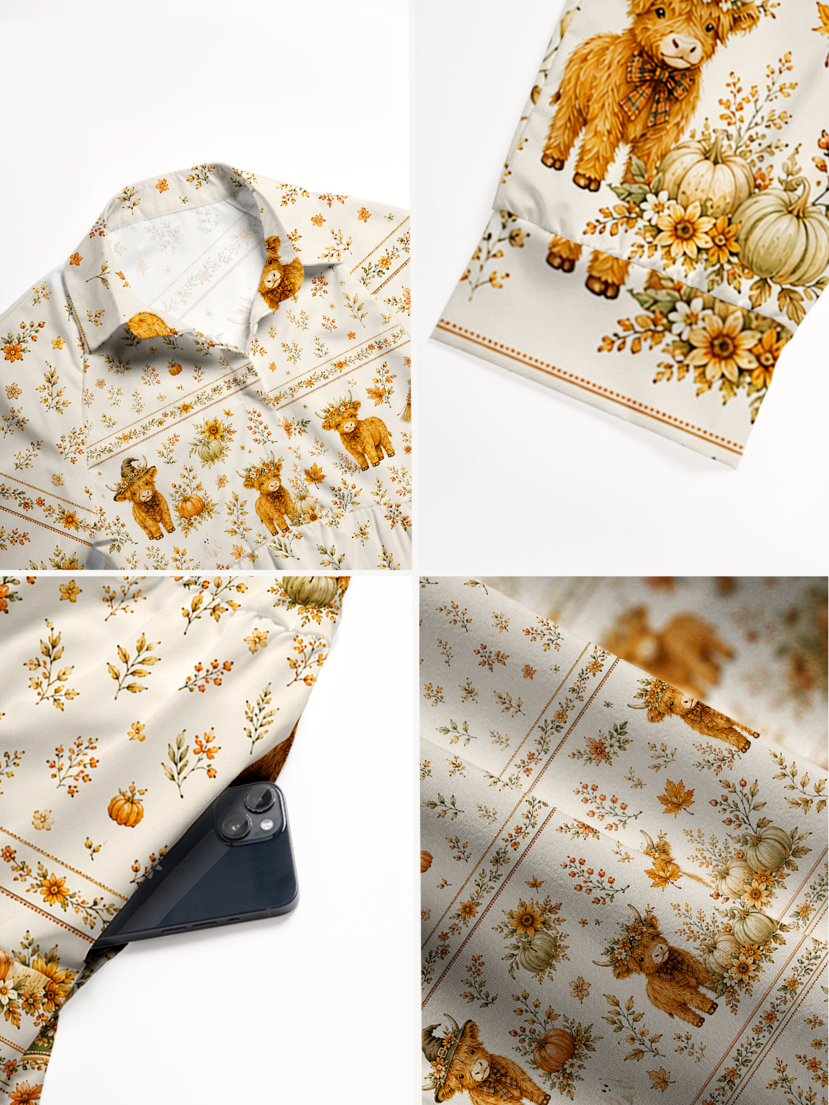 V Neck Collared Autumn Pumpkin Patch Highland Cow Print Casual Midi Dress With Pockets