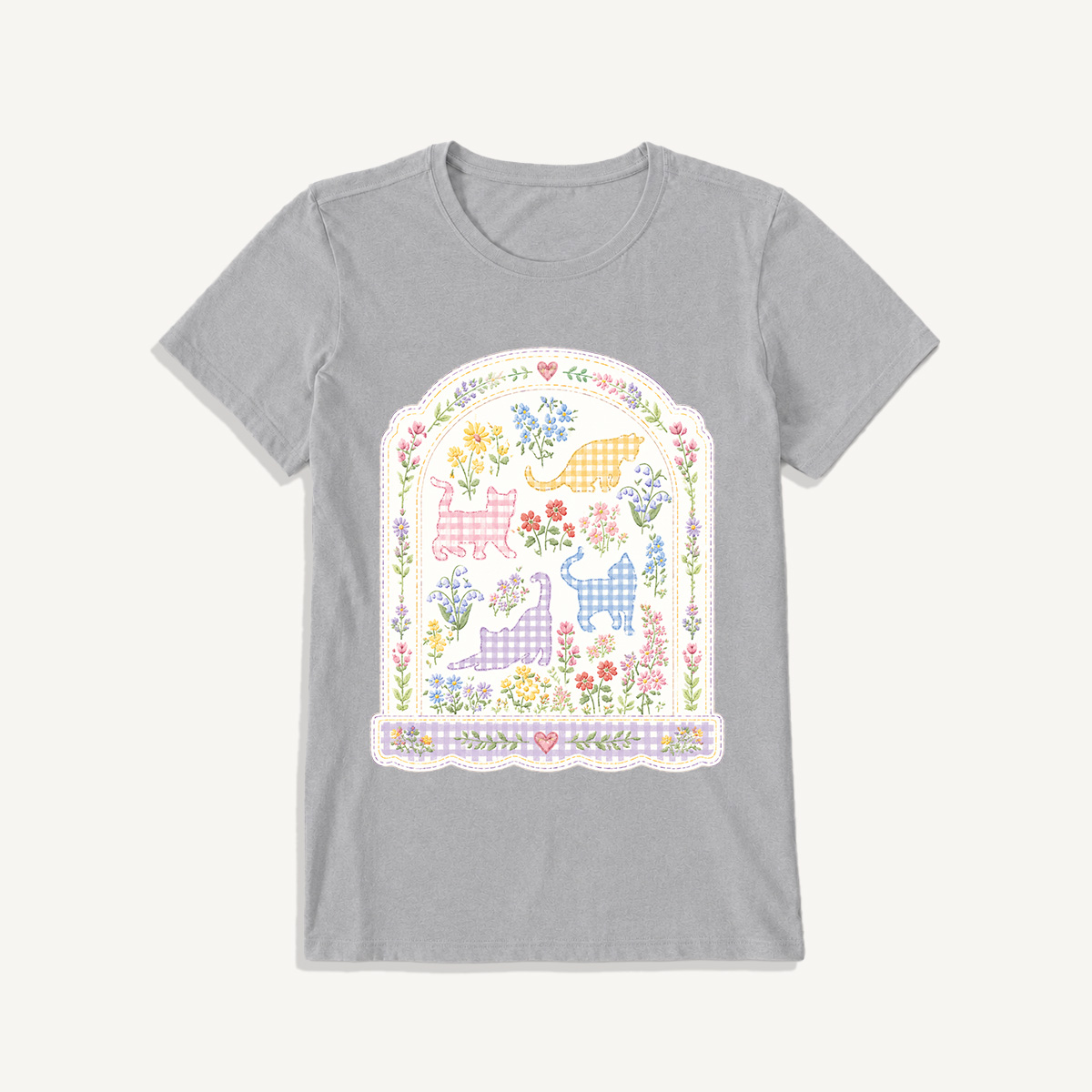 Gingham Cats Arch Frame Print Crew Neck Cotton Tee