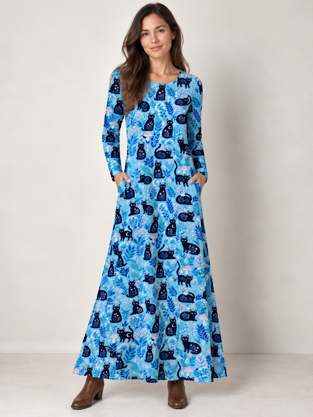 Celestial Black Cats & Mushrooms Print Soft-Touch Stretch Knit Long Sleeve Maxi Dress with Pockets