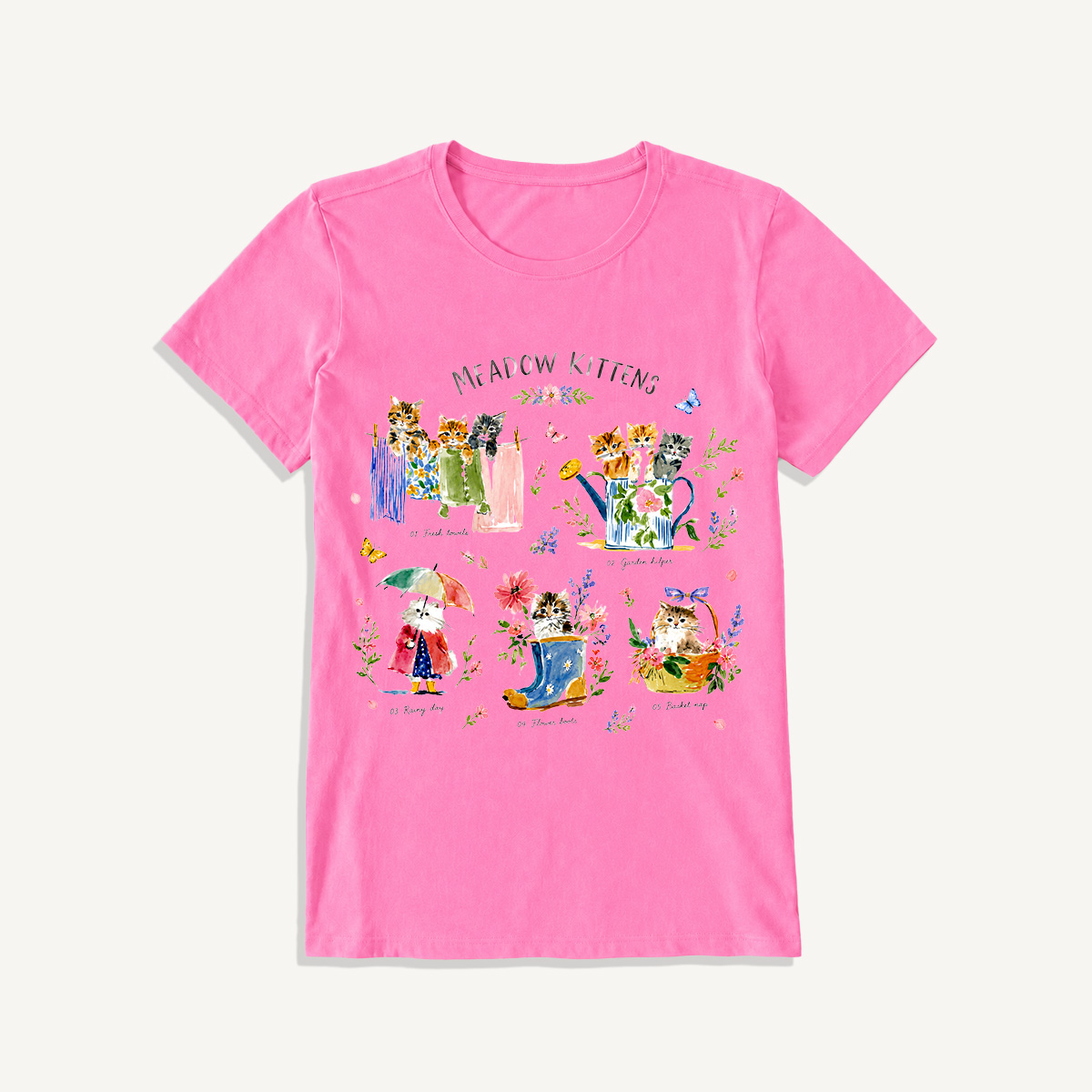 Watercolor Meadow Kittens Guide Print Crew Neck Cotton Tee