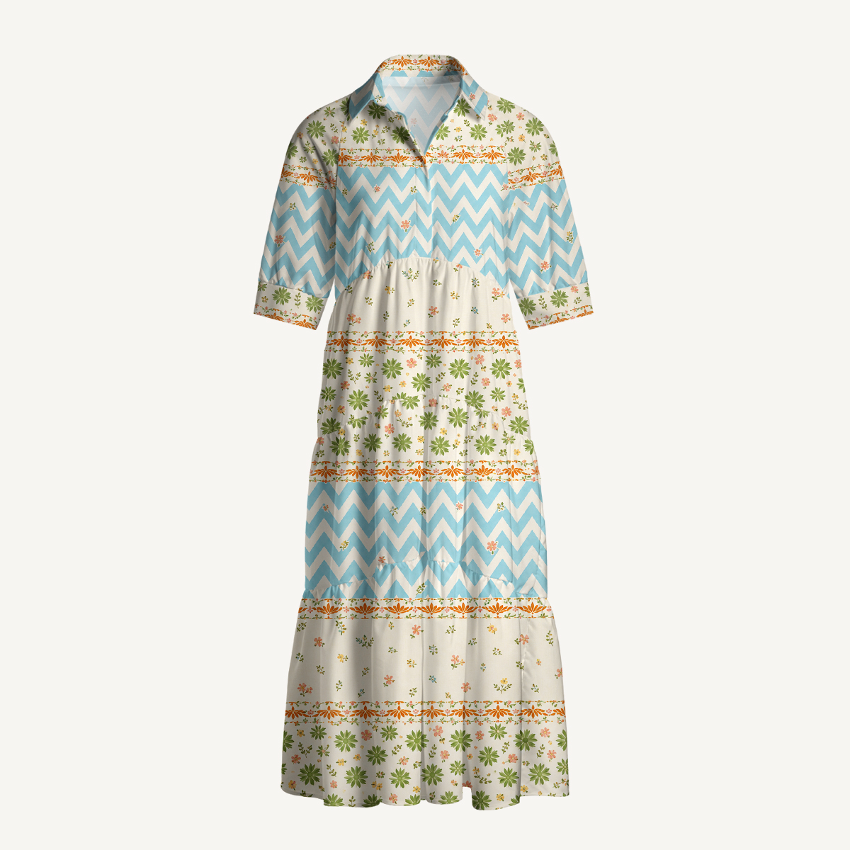 V Neck Collared Pastel Chevron and Ditsy Floral Stripe Print Casual Midi Dress With Pockets