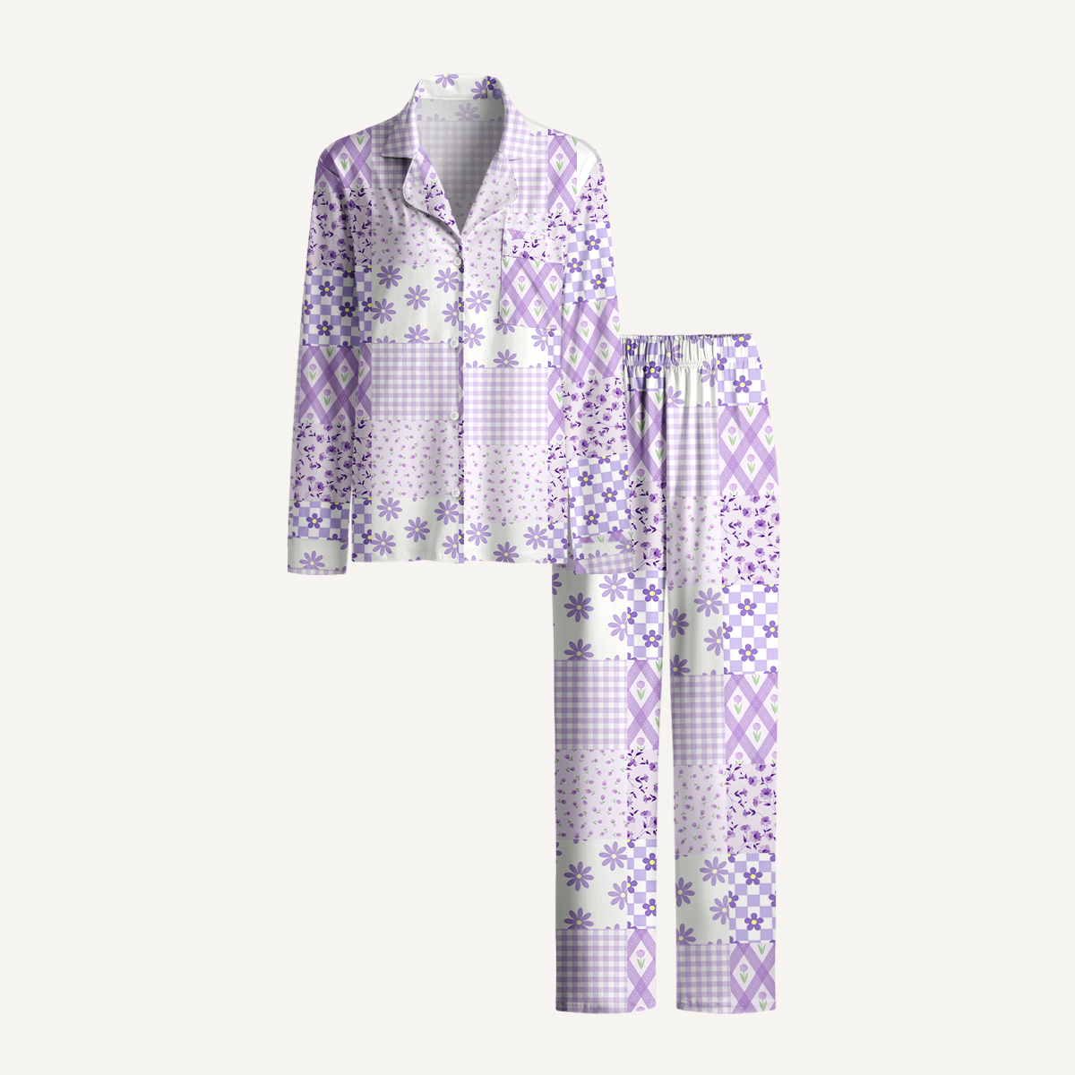 Lavender Daisy & Gingham Print Long Pajama Set 