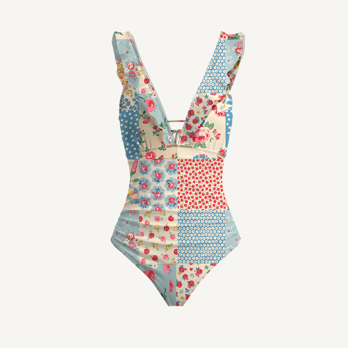 Pastel Patc Ruffled V Neck One Piece Swimsuit and Matching Midi Skirt Set