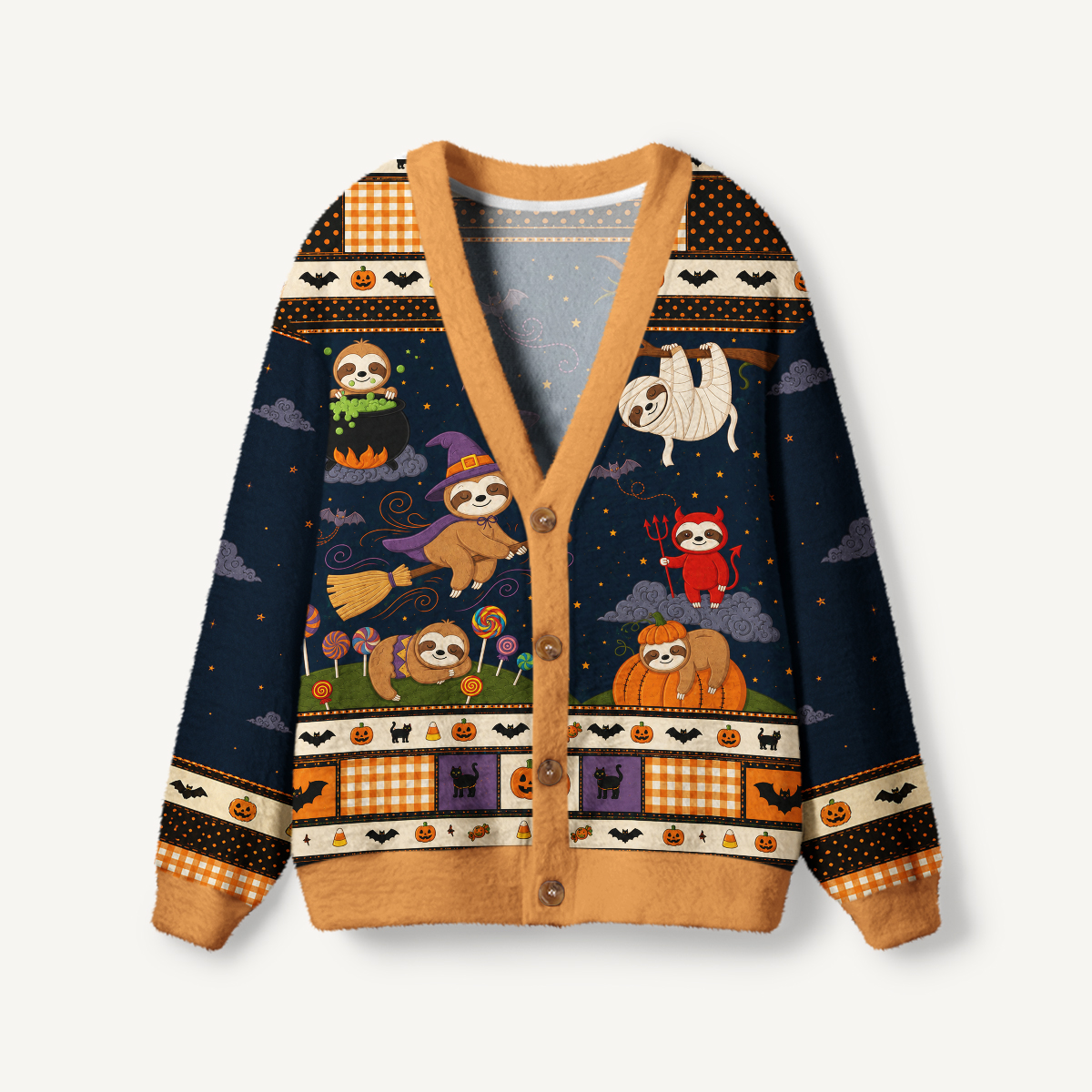 Spooky Sloth Patchwork Print Ugly Cardigan Sweaters