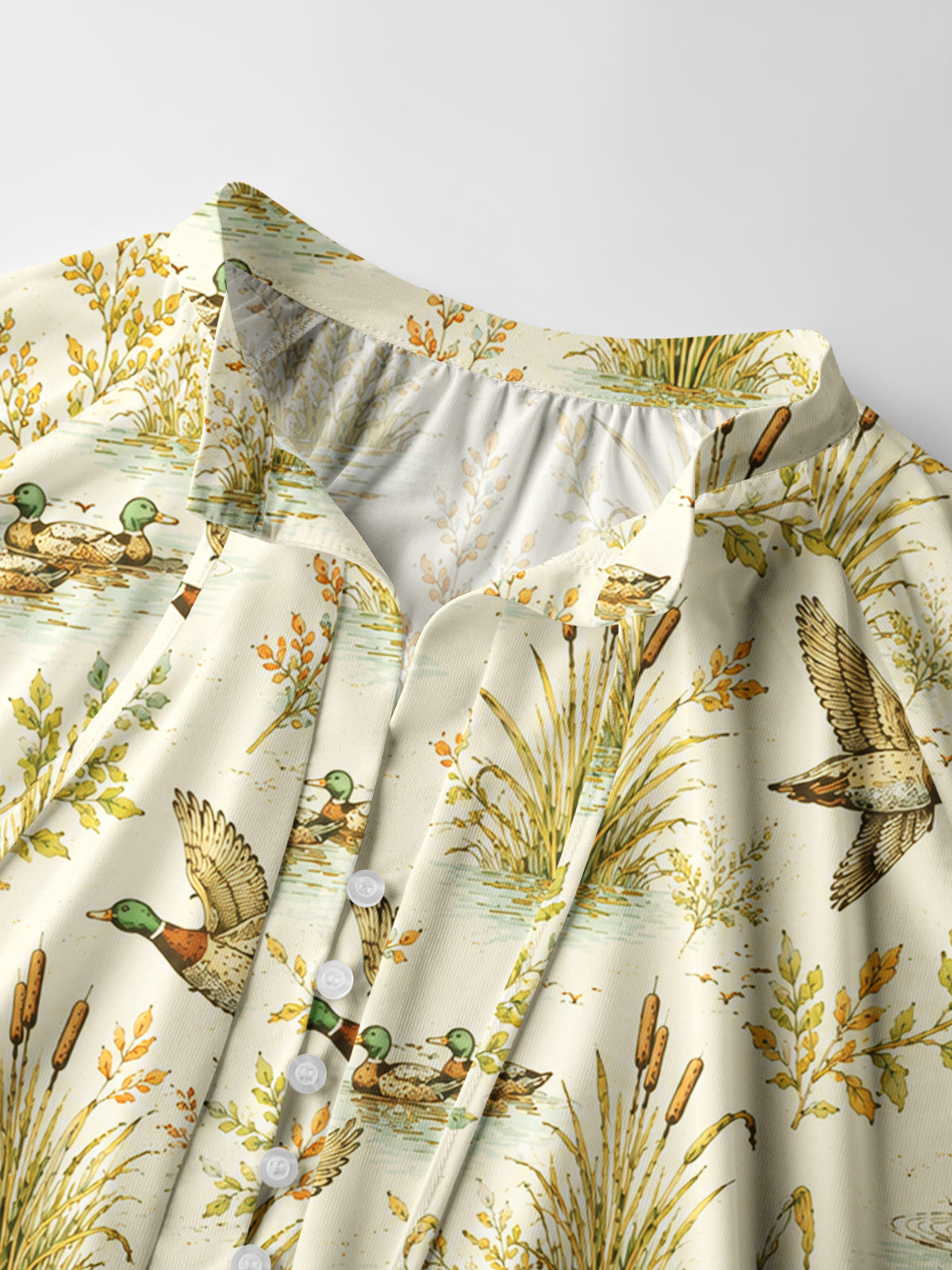 Duck Hunting Marsh Print Boho Long Sleeve Tie‑Neck Blouse