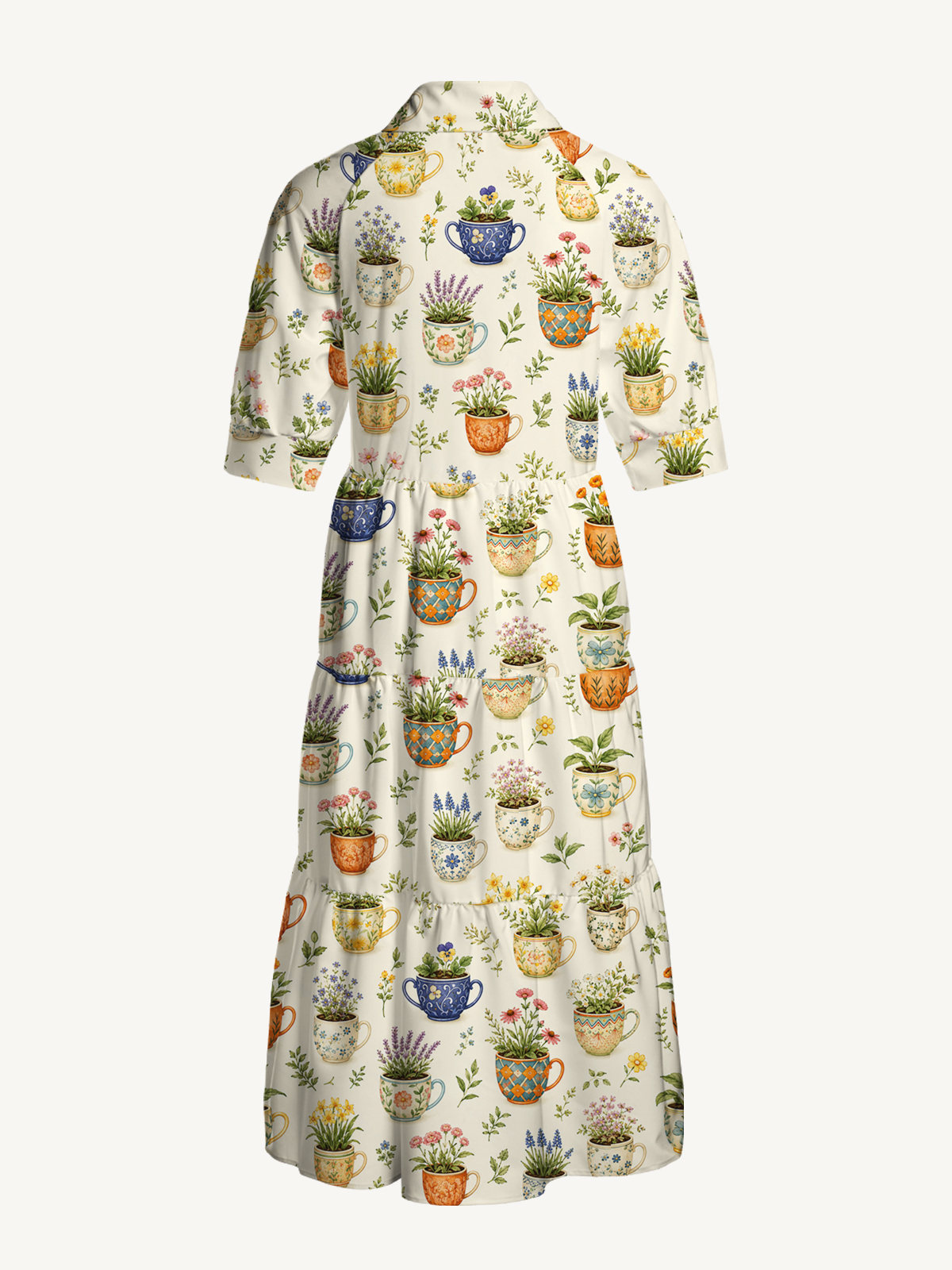V Neck Collared Whimsical Teacup Garden Print Casual Midi Dress With Pockets