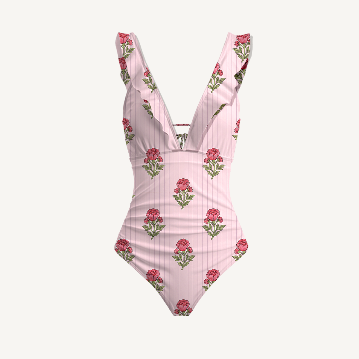 Misty Rose Garden Ruffled V Neck One Piece Swimsuit and Matching Midi Skirt Set