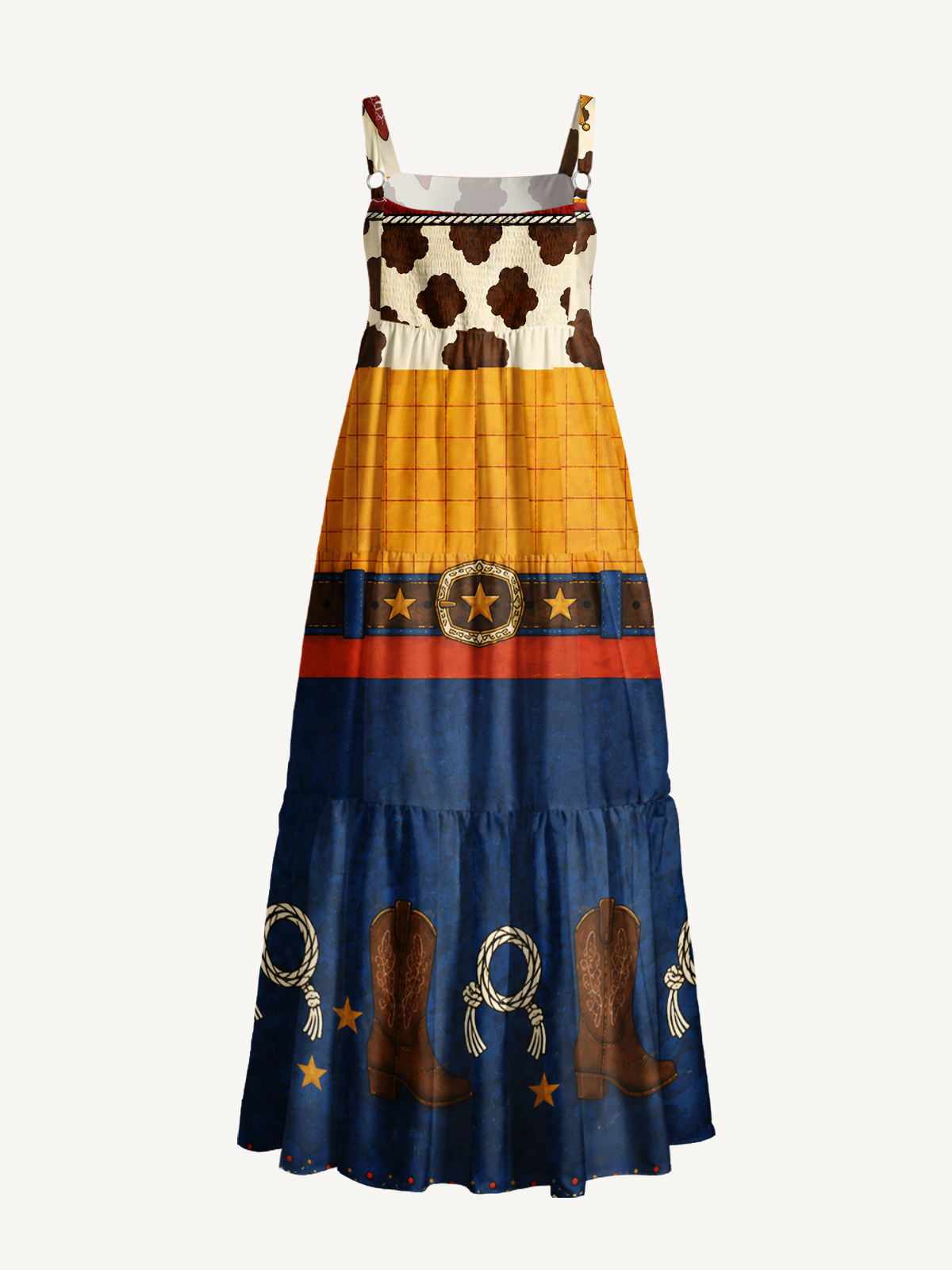 Western Ranch Cowboy Boot Print Wide Straps Maxi Dress With Pockets