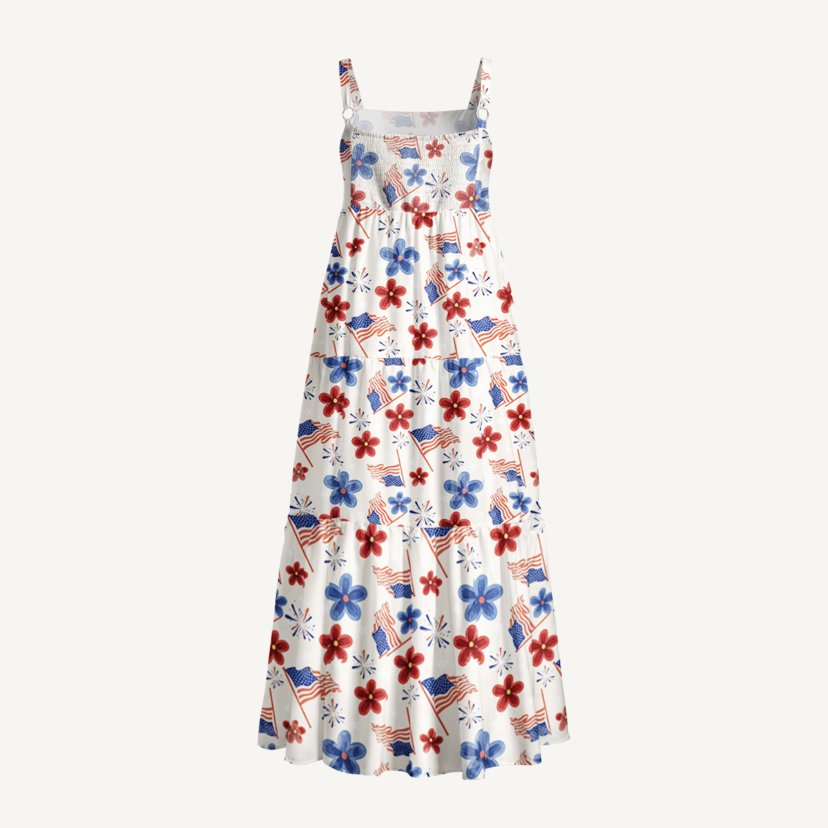 Patriotic Blossom Flag Print Quilt Wide Straps Maxi Dress With Pockets