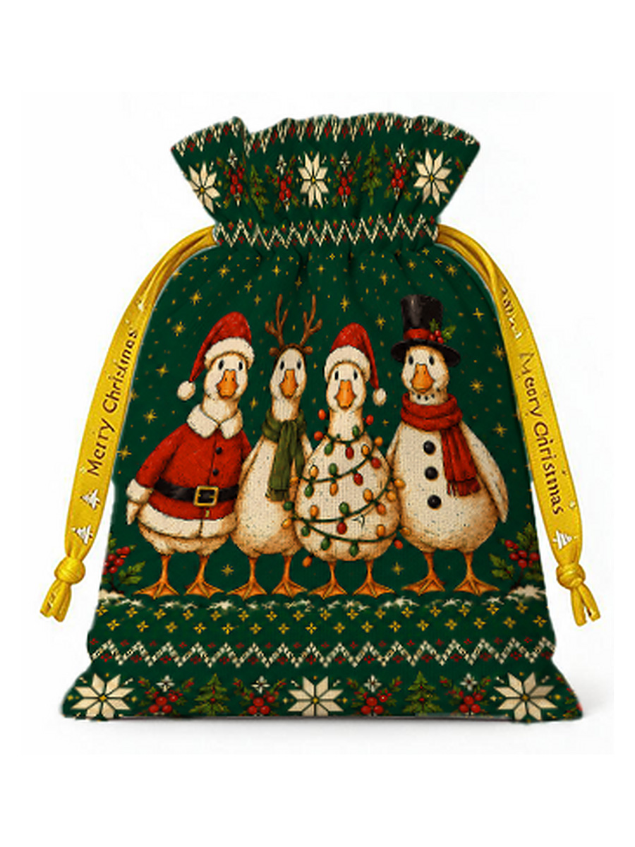 Cozy Country Christmas Ducks Reusable Drawstring Gift Bag