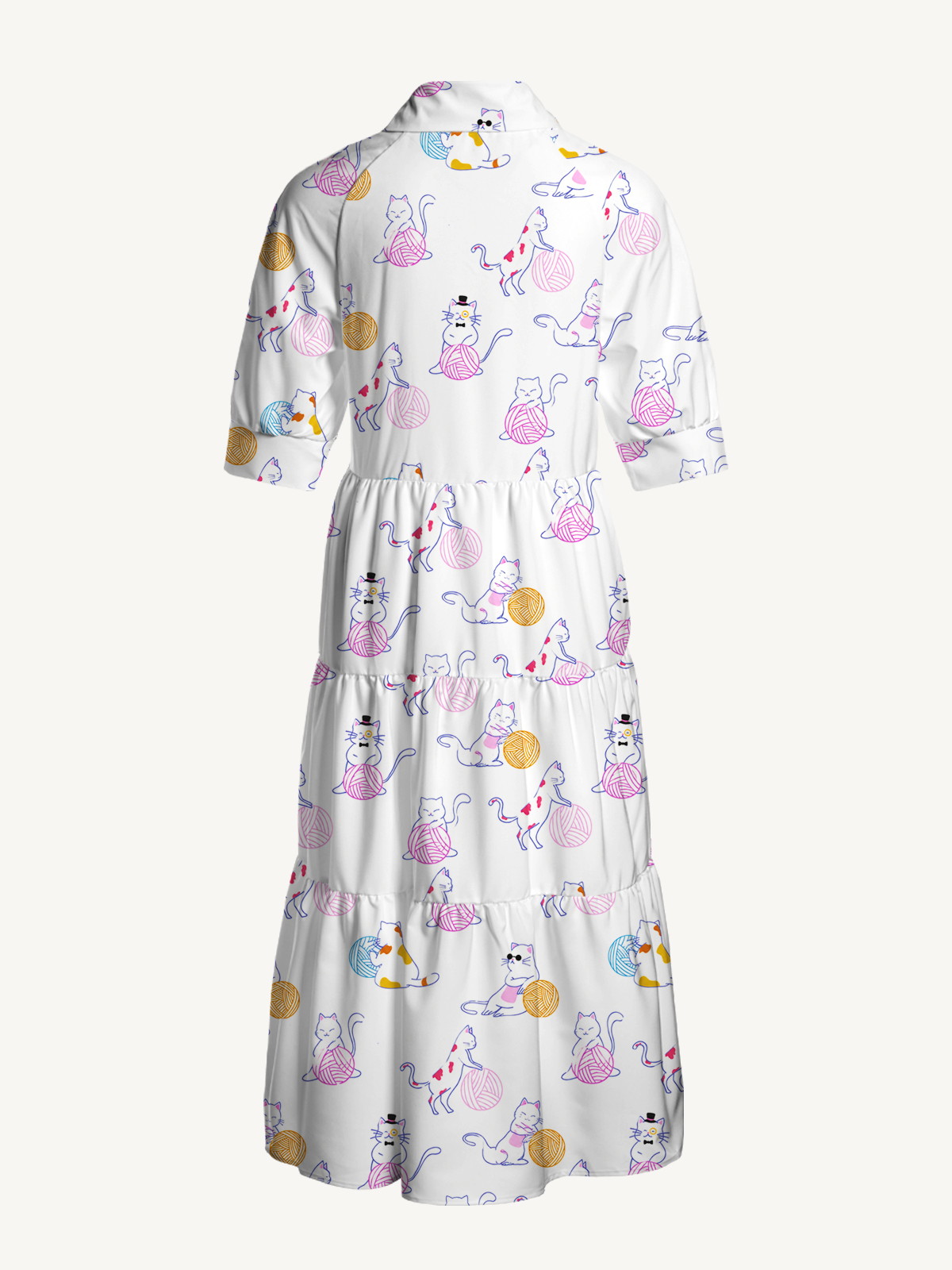 V Neck Collared Color Yarn Garden Cat Print Casual Midi Dress With Pockets