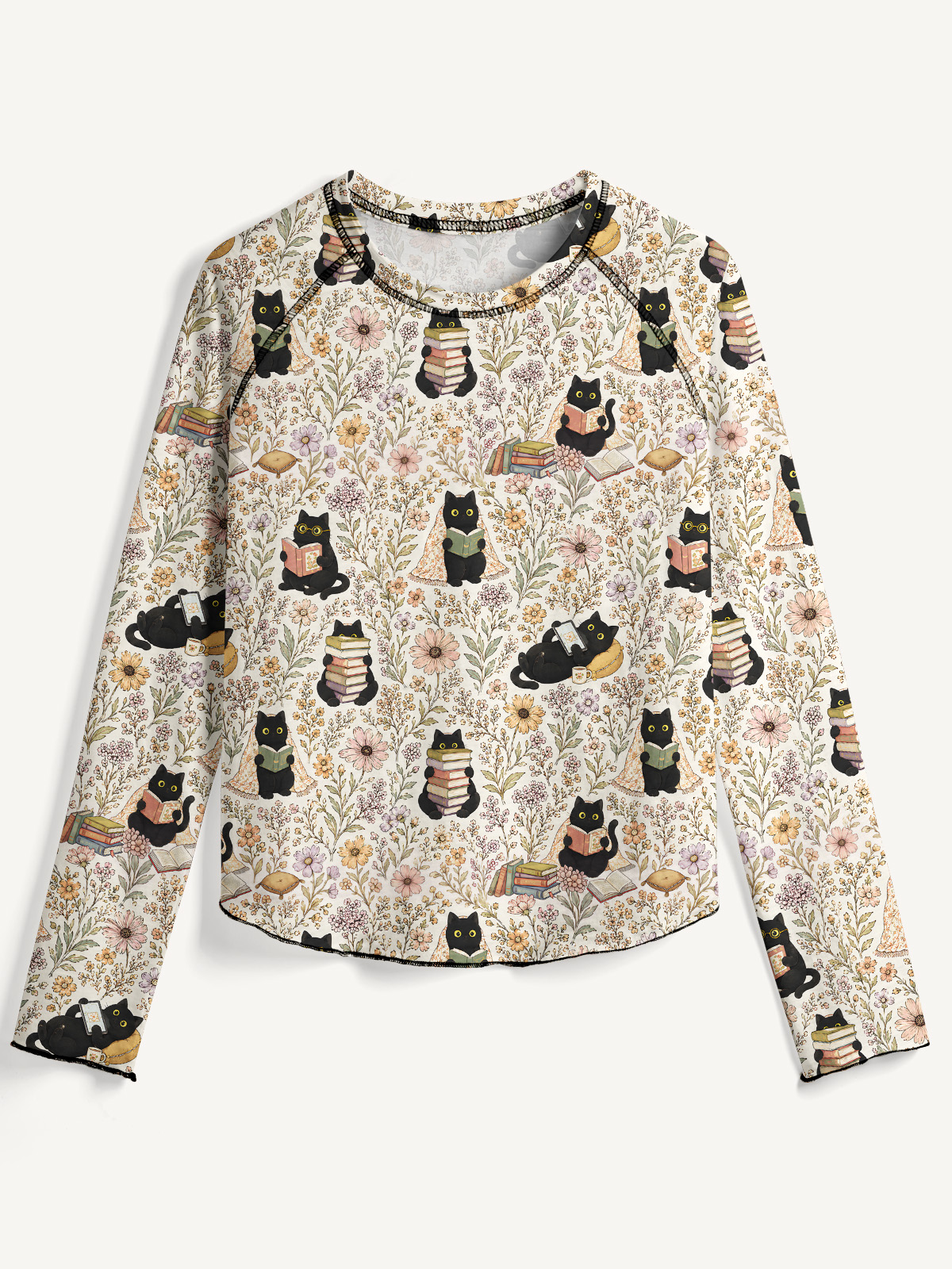 Books Blooms and Black Cats All-Over Print Cotton Raglan Long Sleeve Top