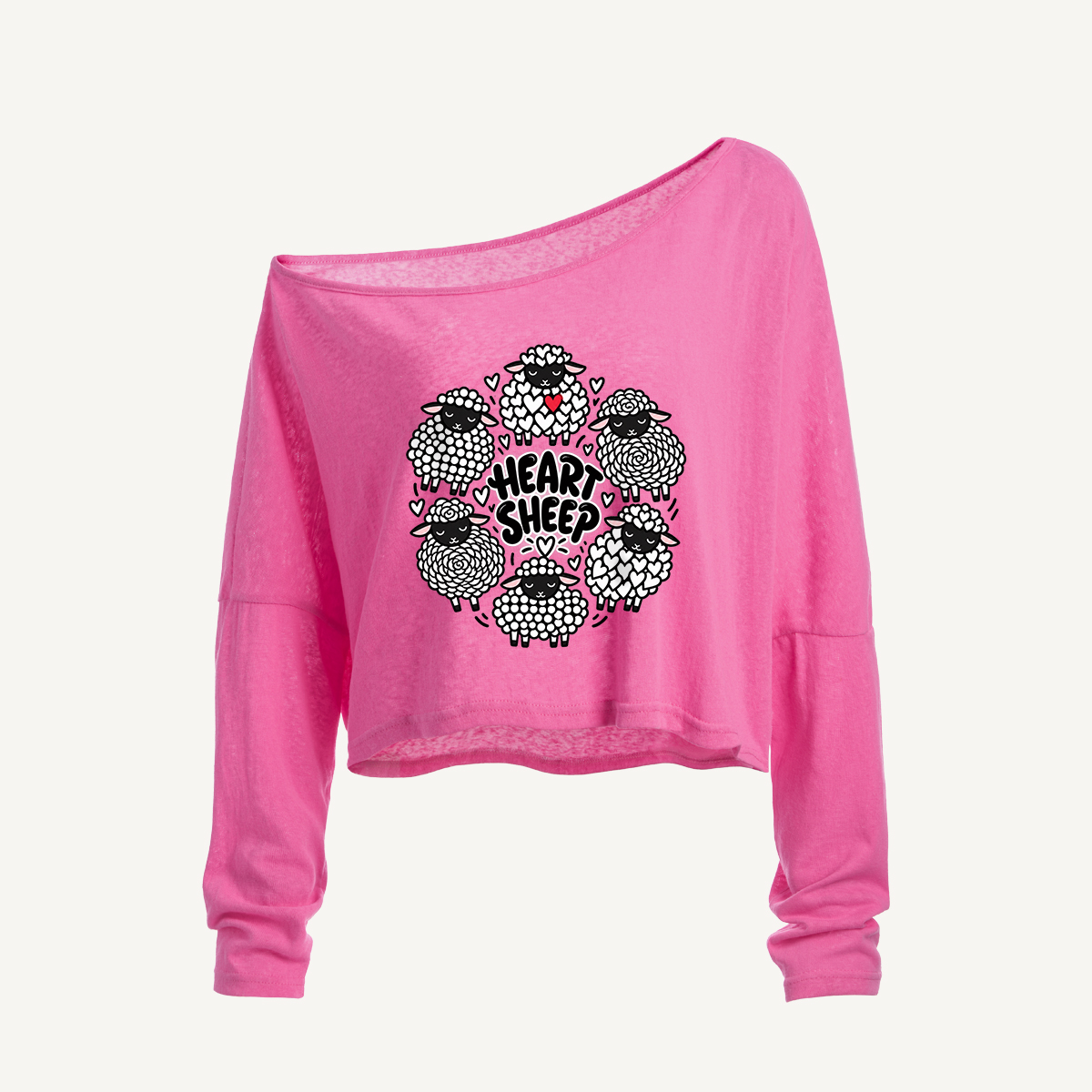 Cozy Heart Sheep Emblem Long Sleeve Off Shoulder T-shirt