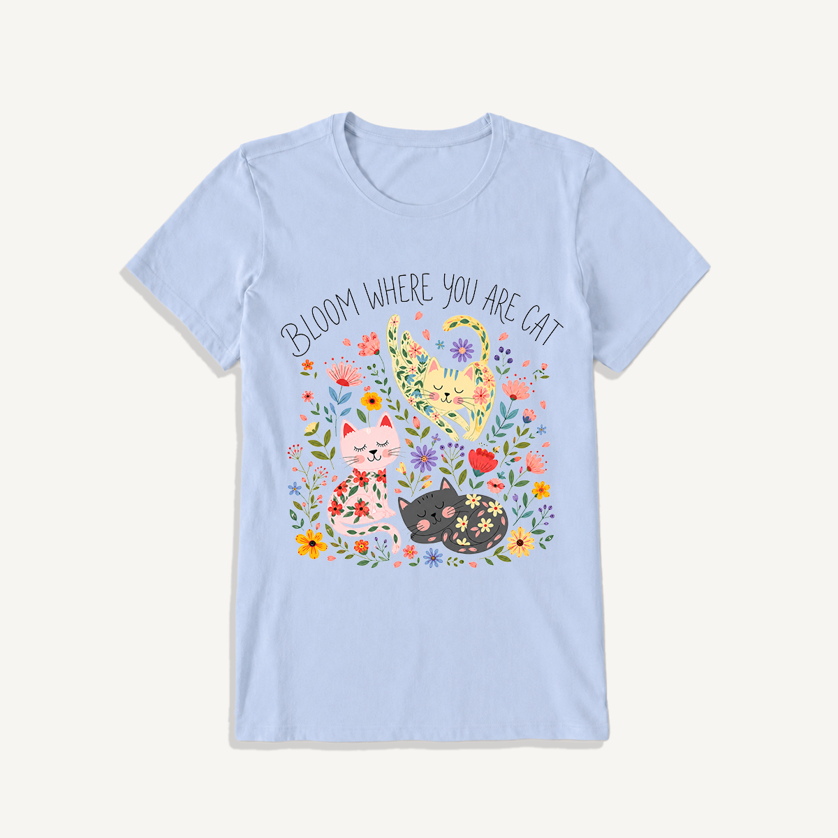 Floral Feline Bloom Print Crew Neck Cotton Tee