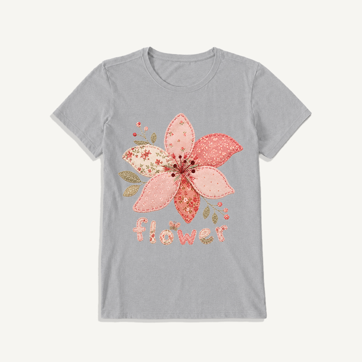 Blush Patchwork Flower Print Crew Neck Cotton Tee