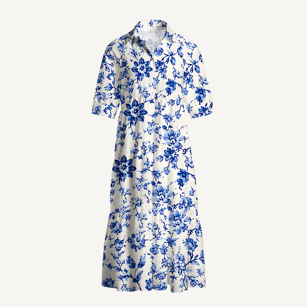 V Neck Collared Delft Blue Vintage Floral Print Quilt Print Casual Midi Dress With Pockets