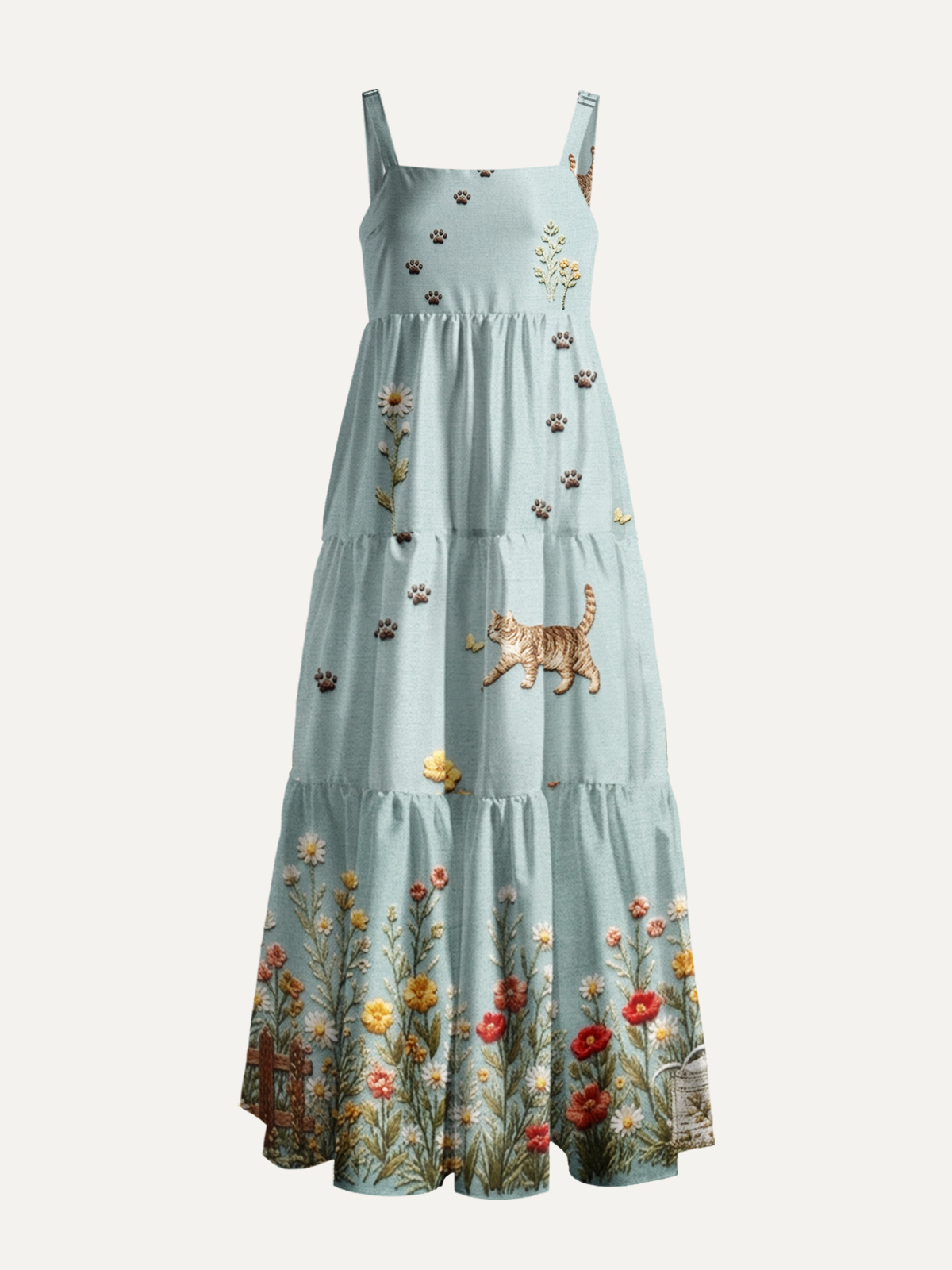 Garden Stroll Cat Print Wide Straps Maxi Dress With Pockets