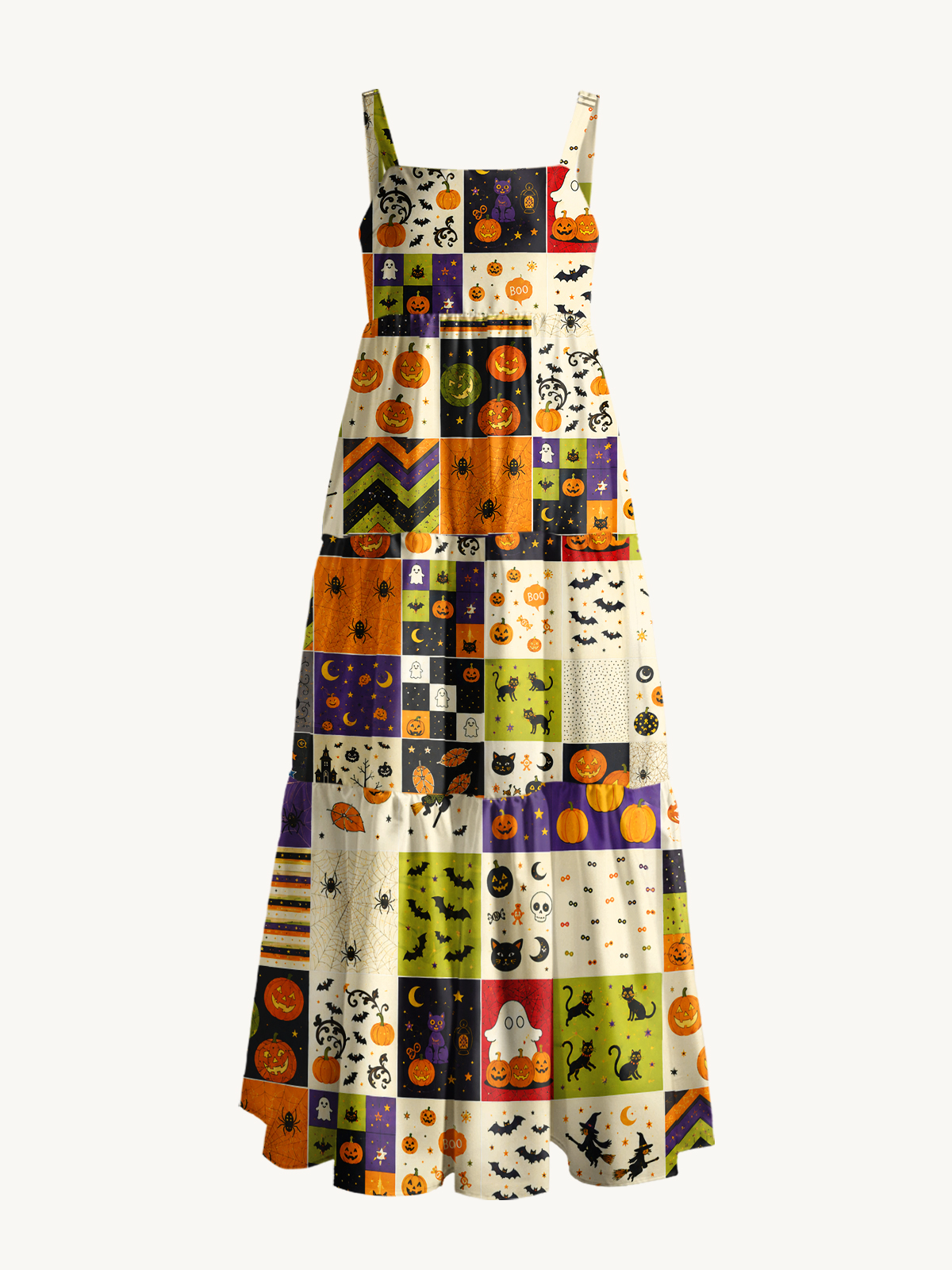 Spooky Sweet Patchwork Print Wide Straps Maxi Dress With Pockets