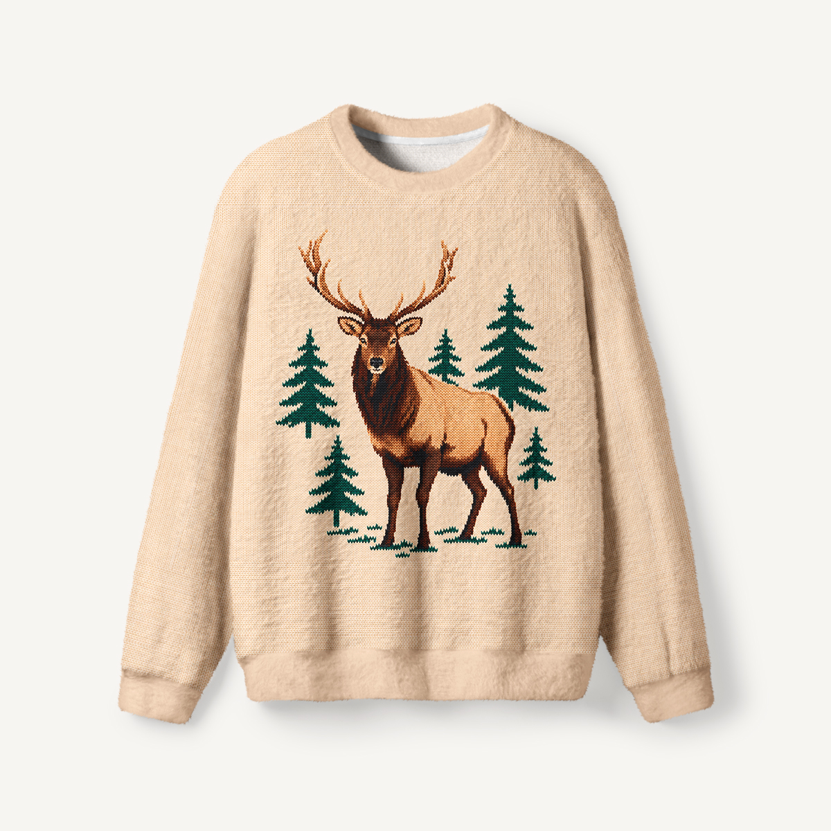 Rustic Forest Deer Fuzzy Crewneck Sweater