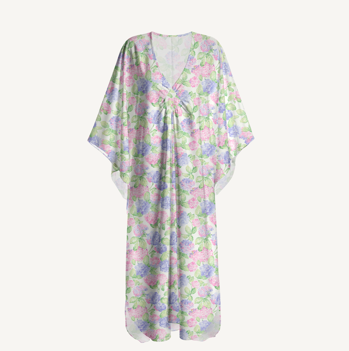  V‑Neck Lilac Hydrangea Kimono Sleeve Kaftan Dress