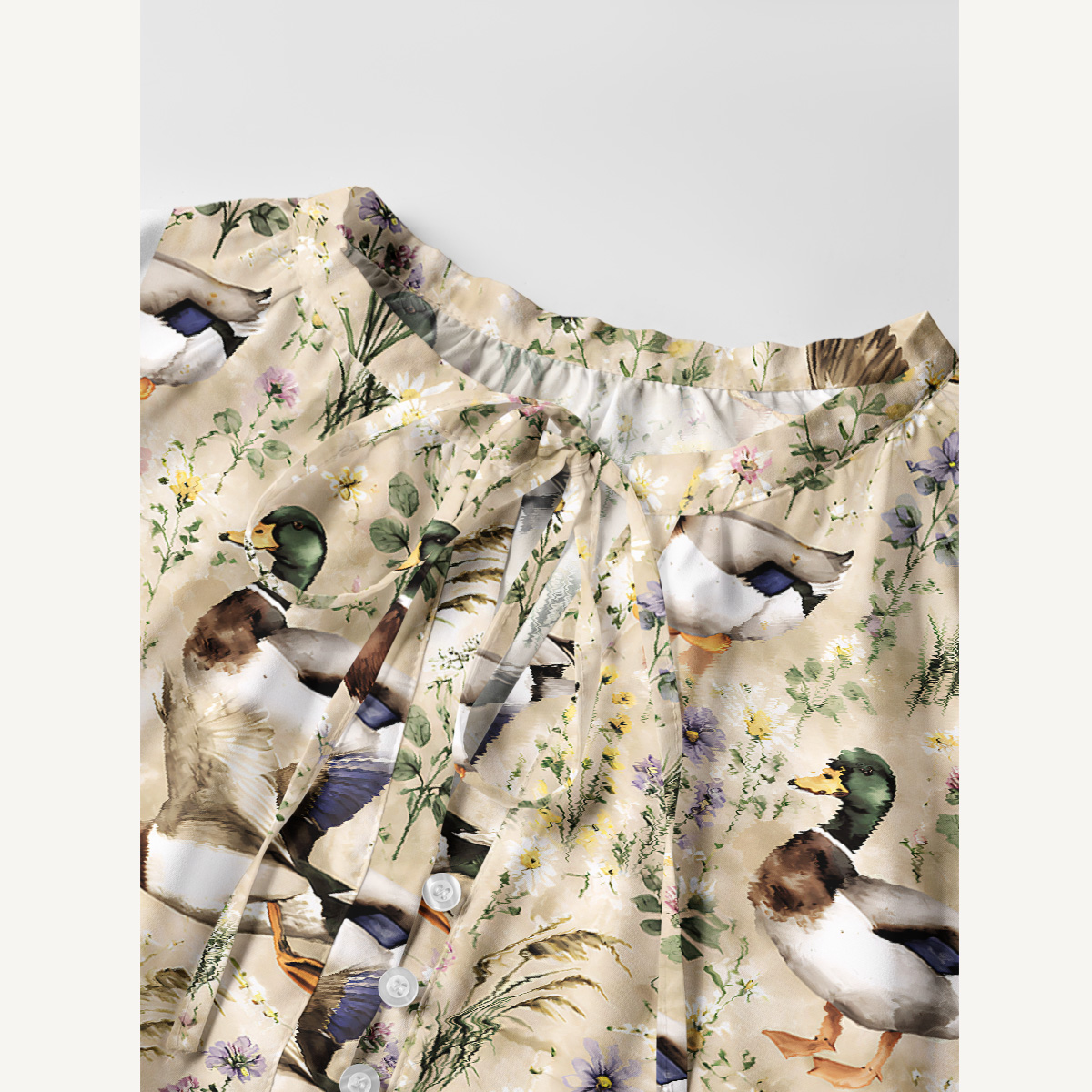 Watercolor Mallard Ducks Print Boho Tie‑Neck Smock Mini Dress