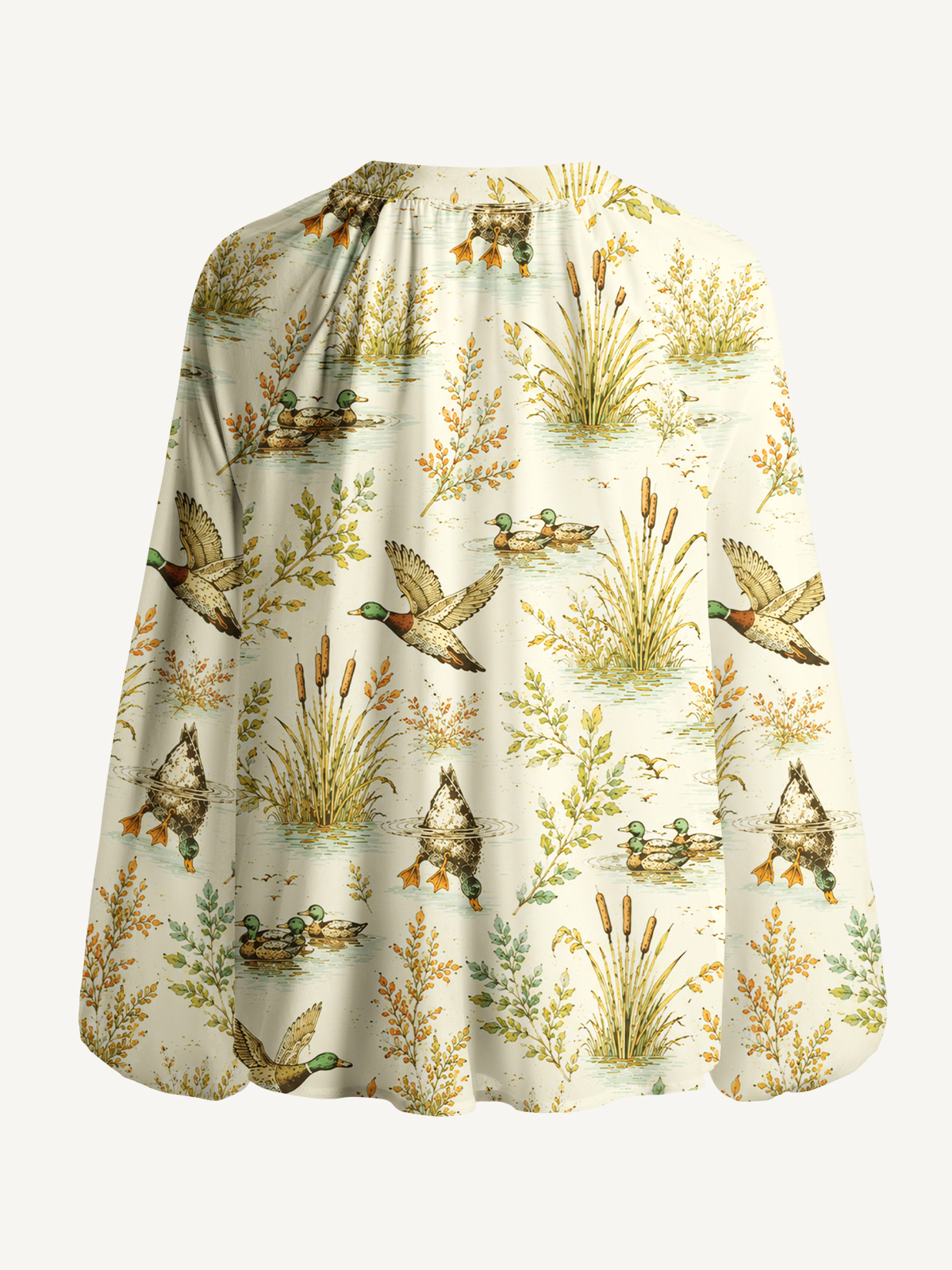 Duck Hunting Marsh Print Boho Long Sleeve Tie‑Neck Blouse