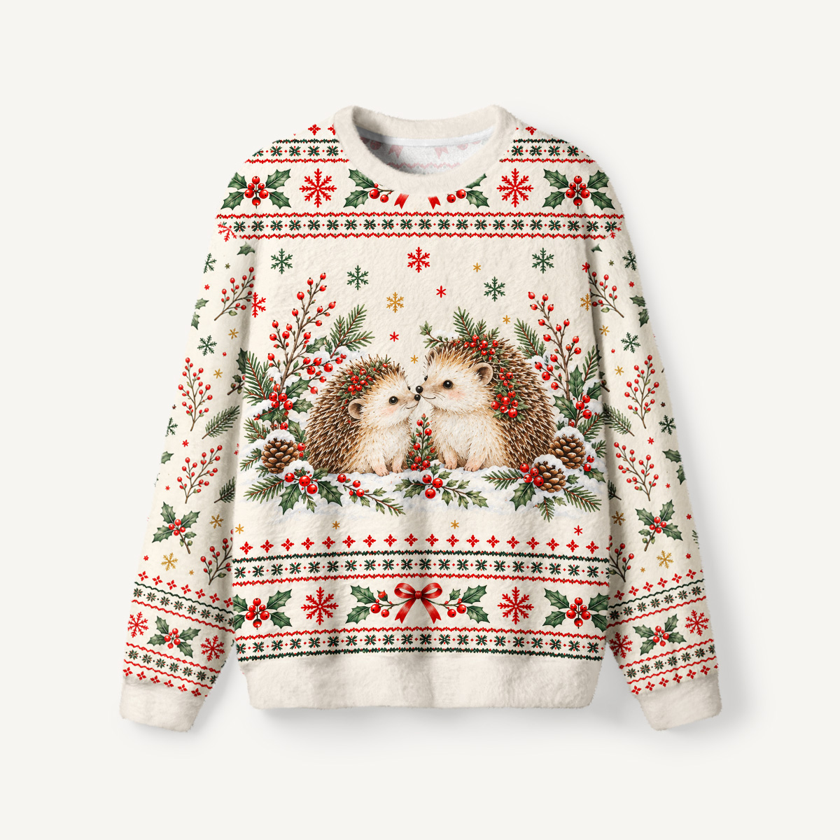 Cozy Christmas Hedgehogs Fuzzy Crewneck Sweater