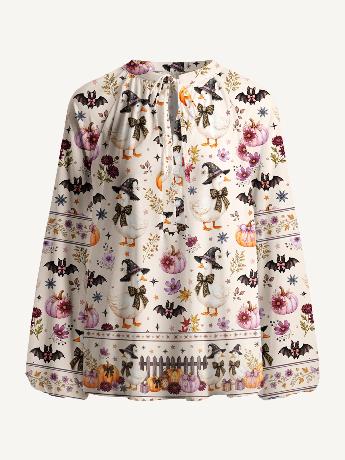 Rustic Halloween Goose Print Boho Long Sleeve Tie‑Neck Blouse