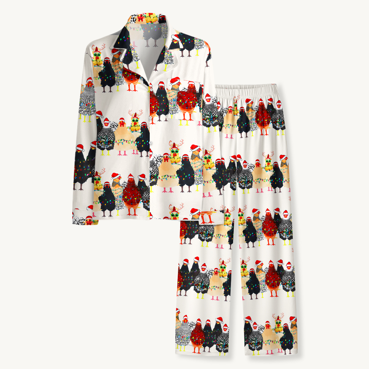 Festive Christmas Chicken Print Long Pajama Set 