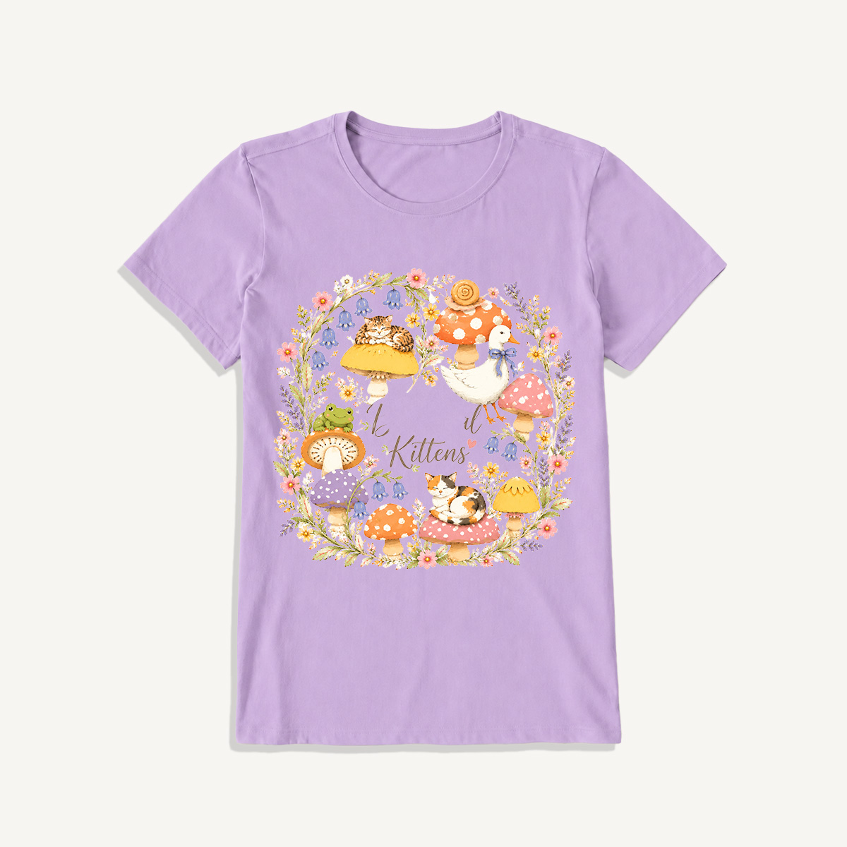 Botanical Kittens Mushroom Wreath Print Crew Neck Cotton Tee