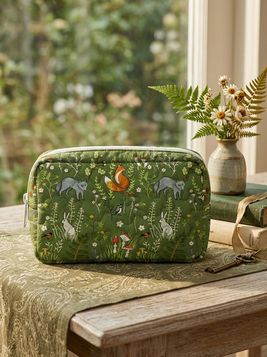 Whimsical Woodland Animals Print Cloud Quilted Cosmetic Pouch