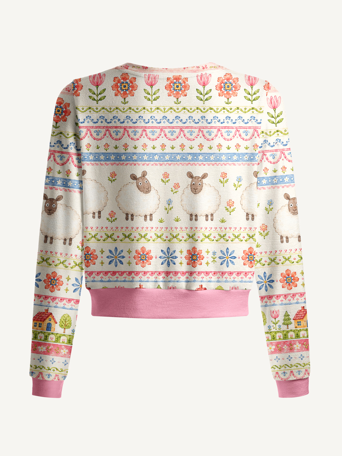 Pastoral Sheep Bands Print Fine‑Knit Cardigan