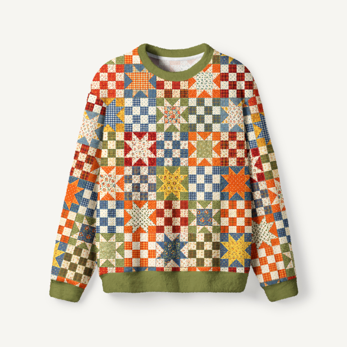Vintage Star Quilt Patchwork Fuzzy Crewneck Sweater